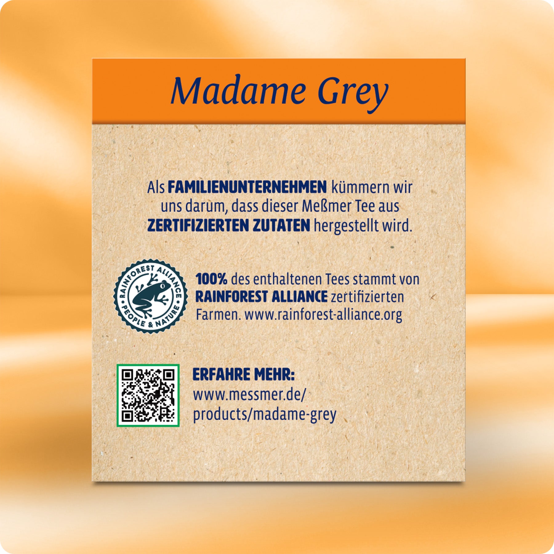 Rückseite der Madame Grey Verpackung mit Infos zu zertifizierten Zutaten und Rainforest Alliance für hochwertig produzierten Schwarztee mit Bergamotte-Note.