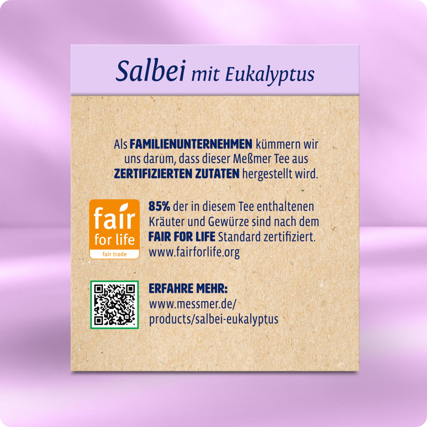 Verpackung von Salbei-Mischung mit Eukalyptus mit Informationen zu zertifizierten Zutaten, Fair-Trade-Logo und QR-Code auf lila Hintergrund.