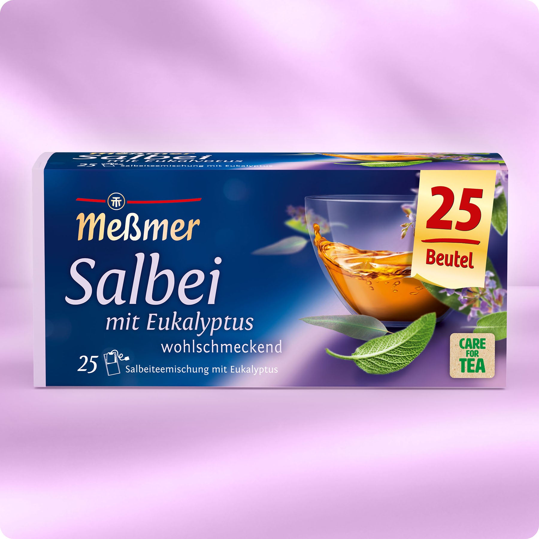 Verpackung der Salbei-Mischung mit Eukalyptus von Meßmer mit 25 Beuteln und einer Tasse Tee, sanfte Kräutermischung für wohlschmeckenden Genuss.