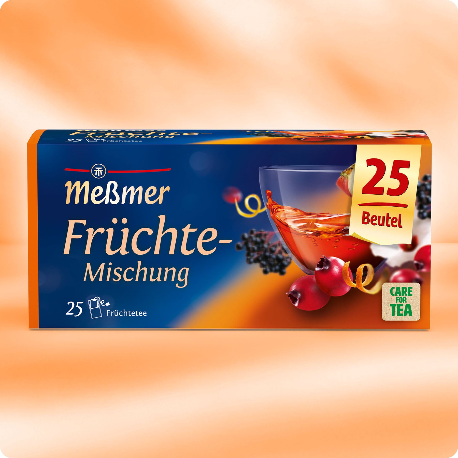 Früchte-Mischung von Meßmer mit 25 Beuteln Früchtetee, abgebildet mit einer Tasse Tee und frischen Früchten auf der Verpackung in kräftigen Farben.