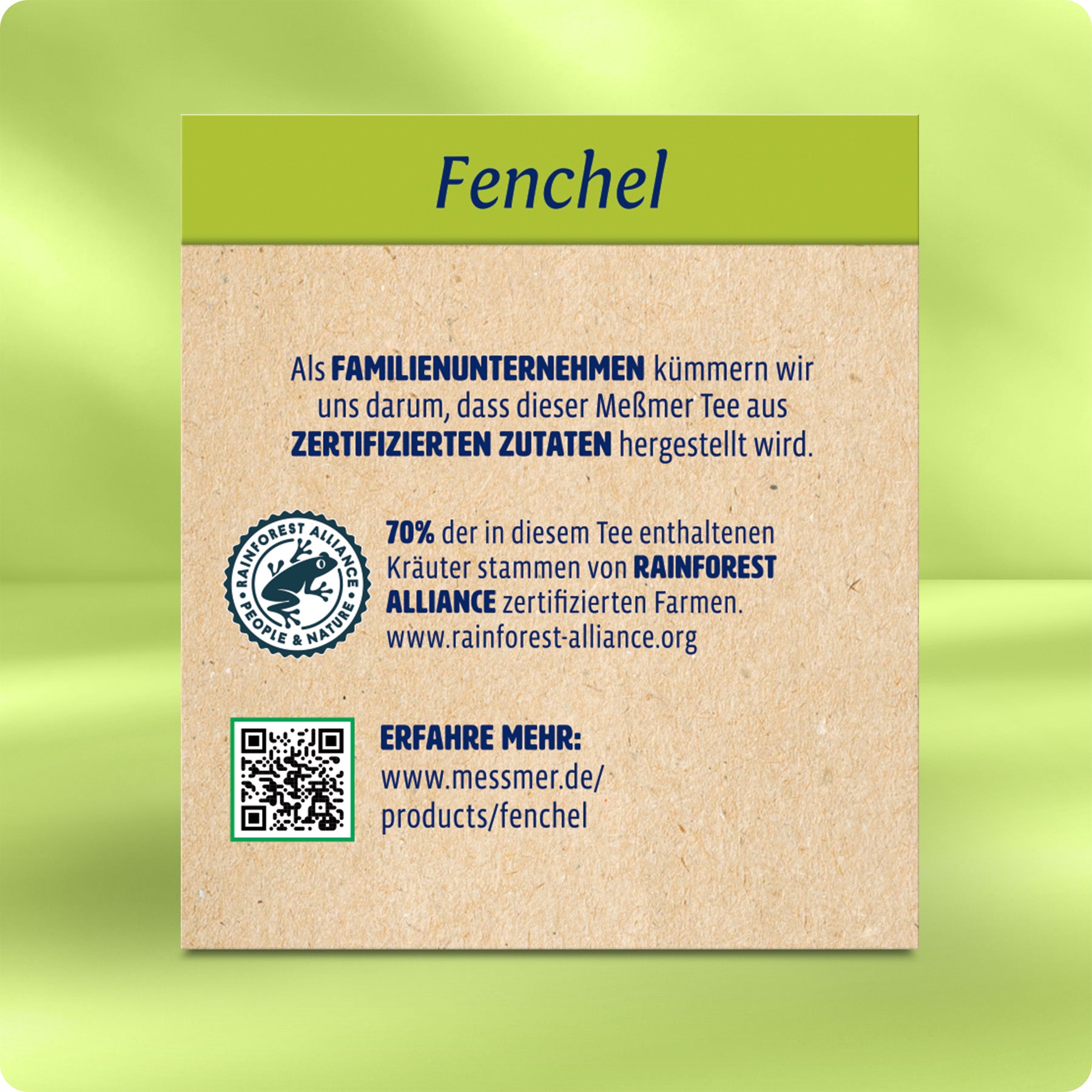 Fenchel Produktetikett mit Informationen zu zertifizierten Zutaten und Rainforest Alliance Siegel, betont familiengeführte Produktion und nachhaltigen Anbau von Kräutern.