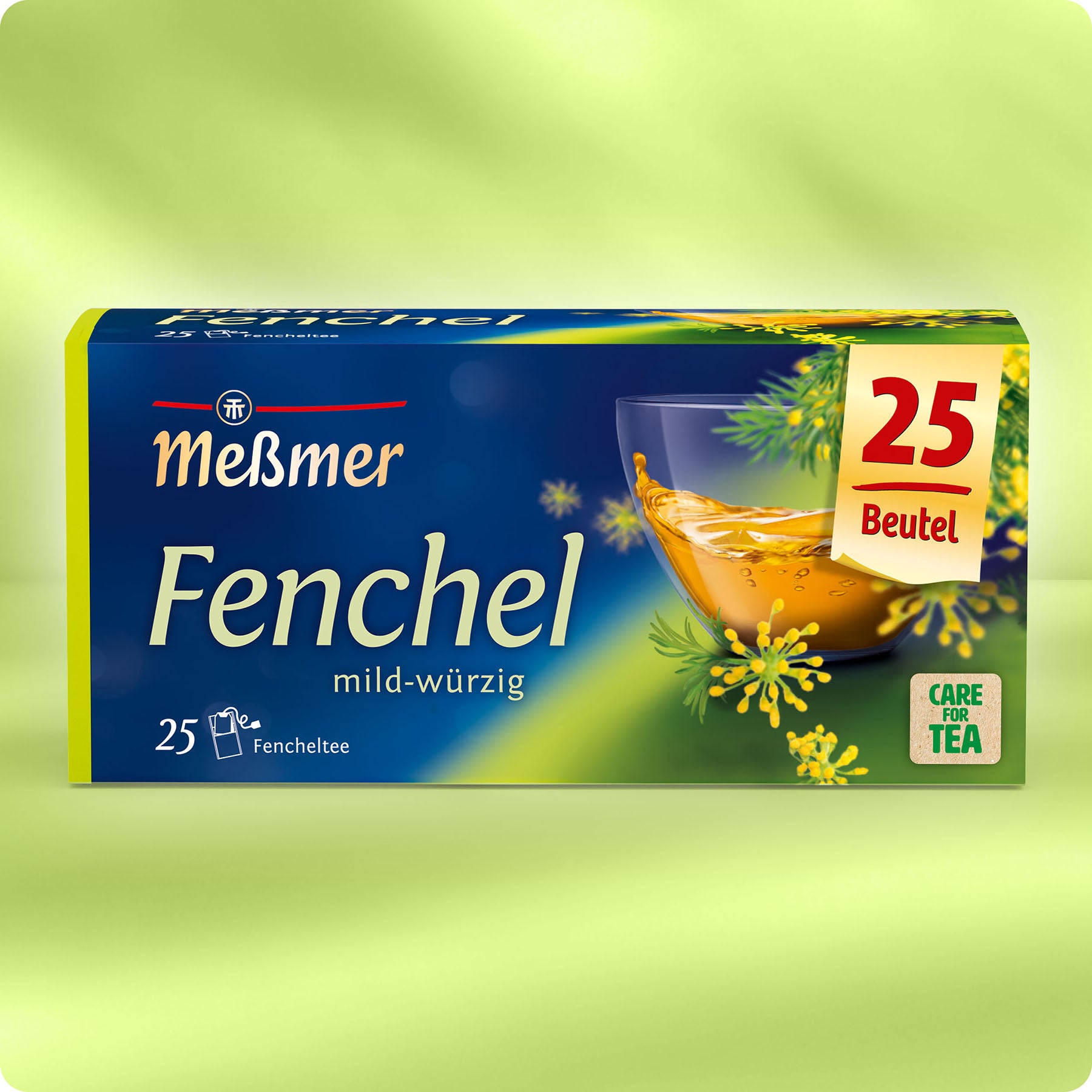 Verpackung von Fencheltee mit 25 Beuteln, zeigt mild-würzigen Fencheltee und eine Tasse Tee mit Fenchelblüten vor grünem Hintergrund.