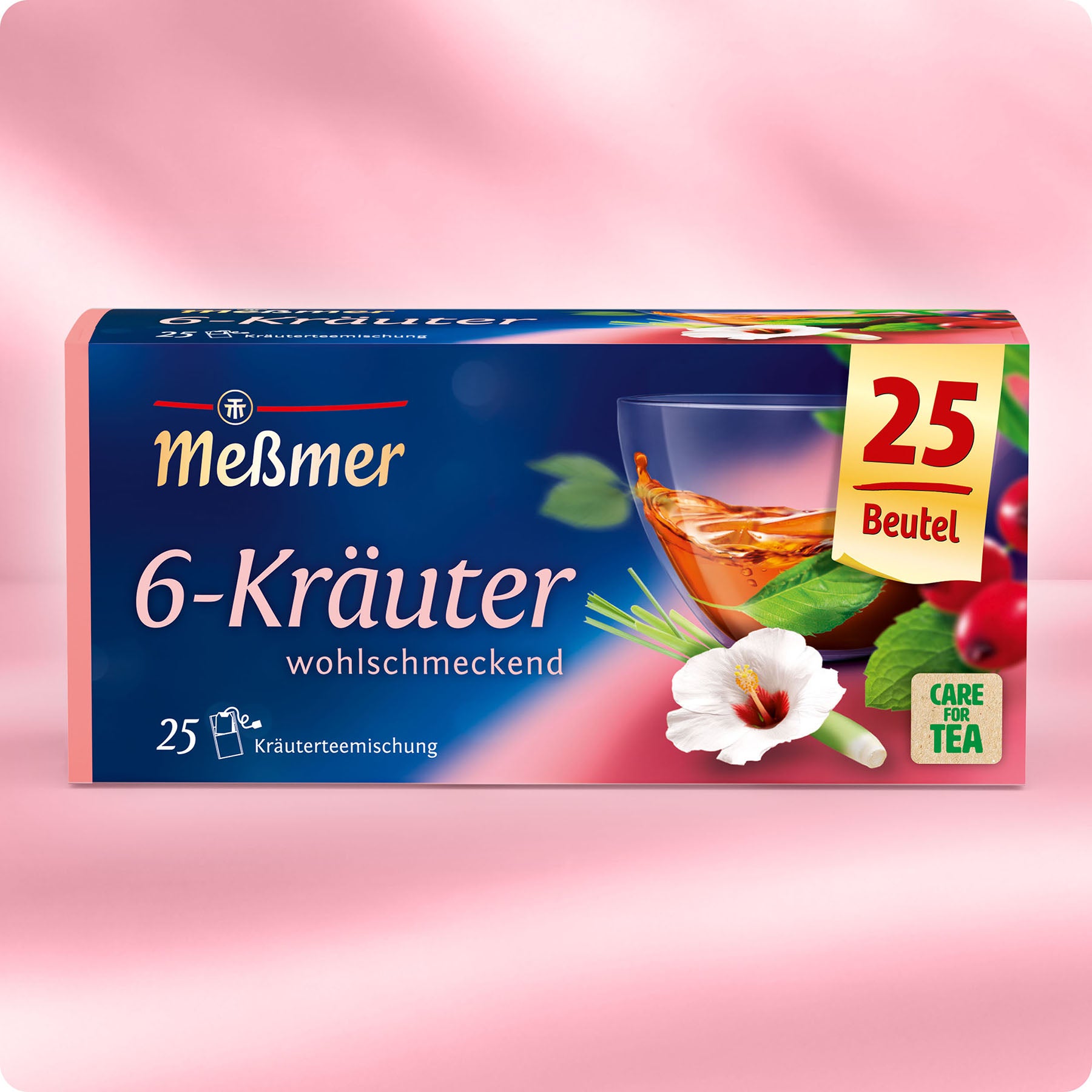 Verpackung der 6-Kräuter-Mischung von Meßmer mit 25 Beuteln, Kräuterteemischung für einen wohlschmeckenden Genuss und aromatischen Tee.