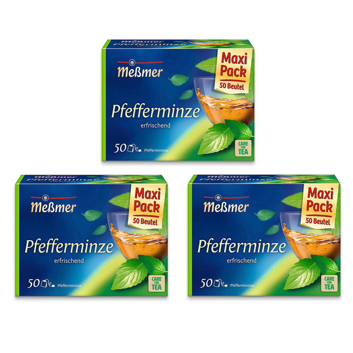 Drei Packungen Pfefferminze Maxi Pack mit jeweils 50 Teebeuteln vor weißem Hintergrund