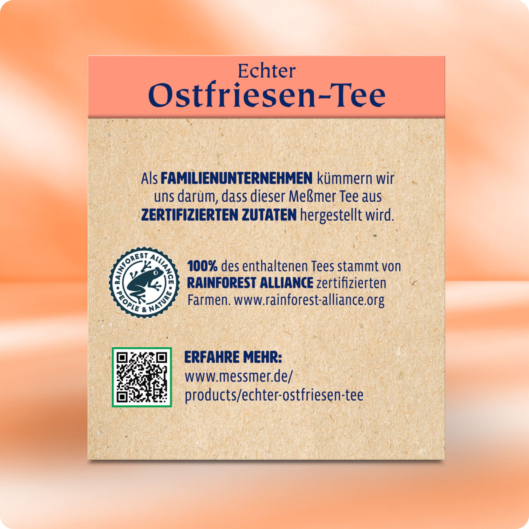 Verpackung von Ostfriesen-Tee mit Hinweis auf zertifizierte Zutaten und Rainforest Alliance Siegel zur nachhaltigen Herkunft aus Assam, Indien.