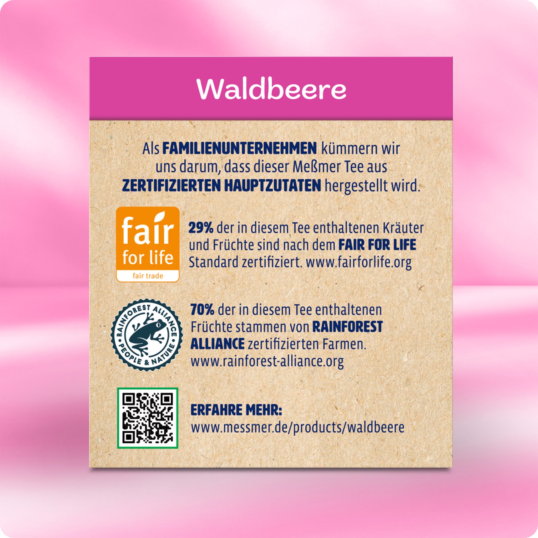 Waldbeere Produktbeschreibung mit Informationen zu zertifizierten Hauptzutaten, Fair-for-Life und Rainforest Alliance Siegeln für nachhaltigen und fair gehandelten Tee.