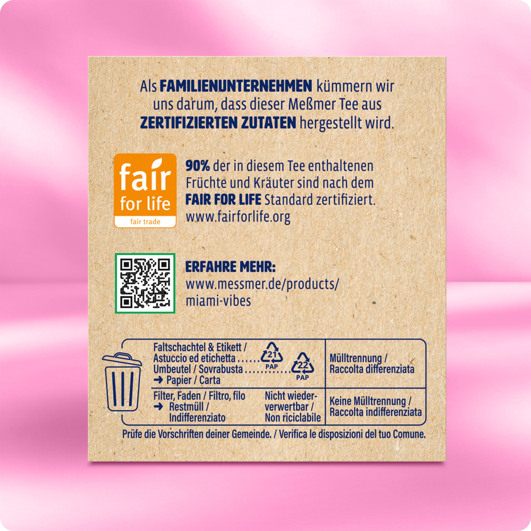 Rückseite der Verpackung von Miami Vibes mit Informationen zu zertifizierten Zutaten, Fair-for-Life Siegel, QR-Code und Hinweisen zur Mülltrennung auf naturpapierfarbenem Hintergrund.