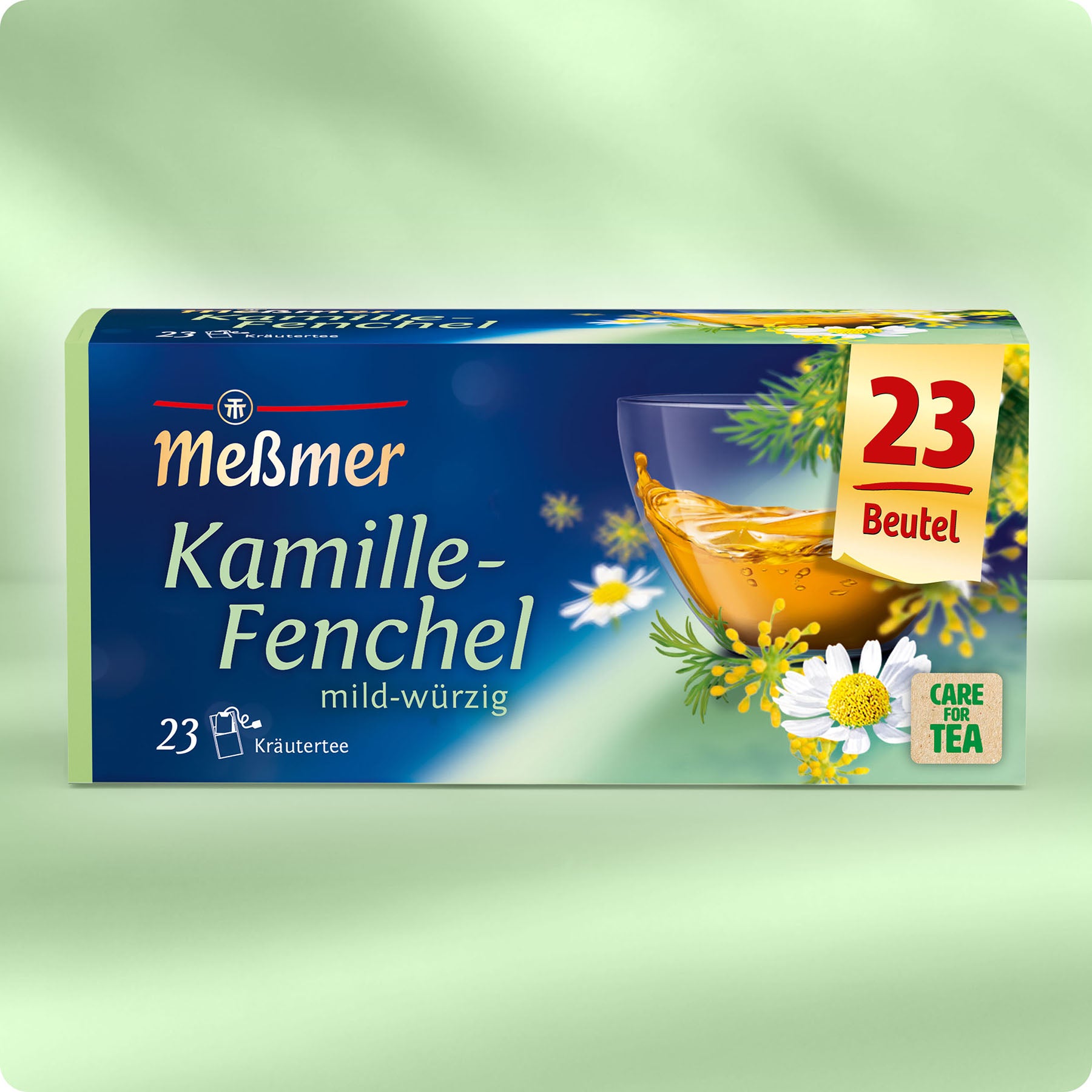 Verpackung von Kamille-Fenchel Kräutertee mit 23 Beuteln, zeigt eine Tasse Tee und Kräuterbestandteile in blau-grünem Design, mild-würzig aromatisch.