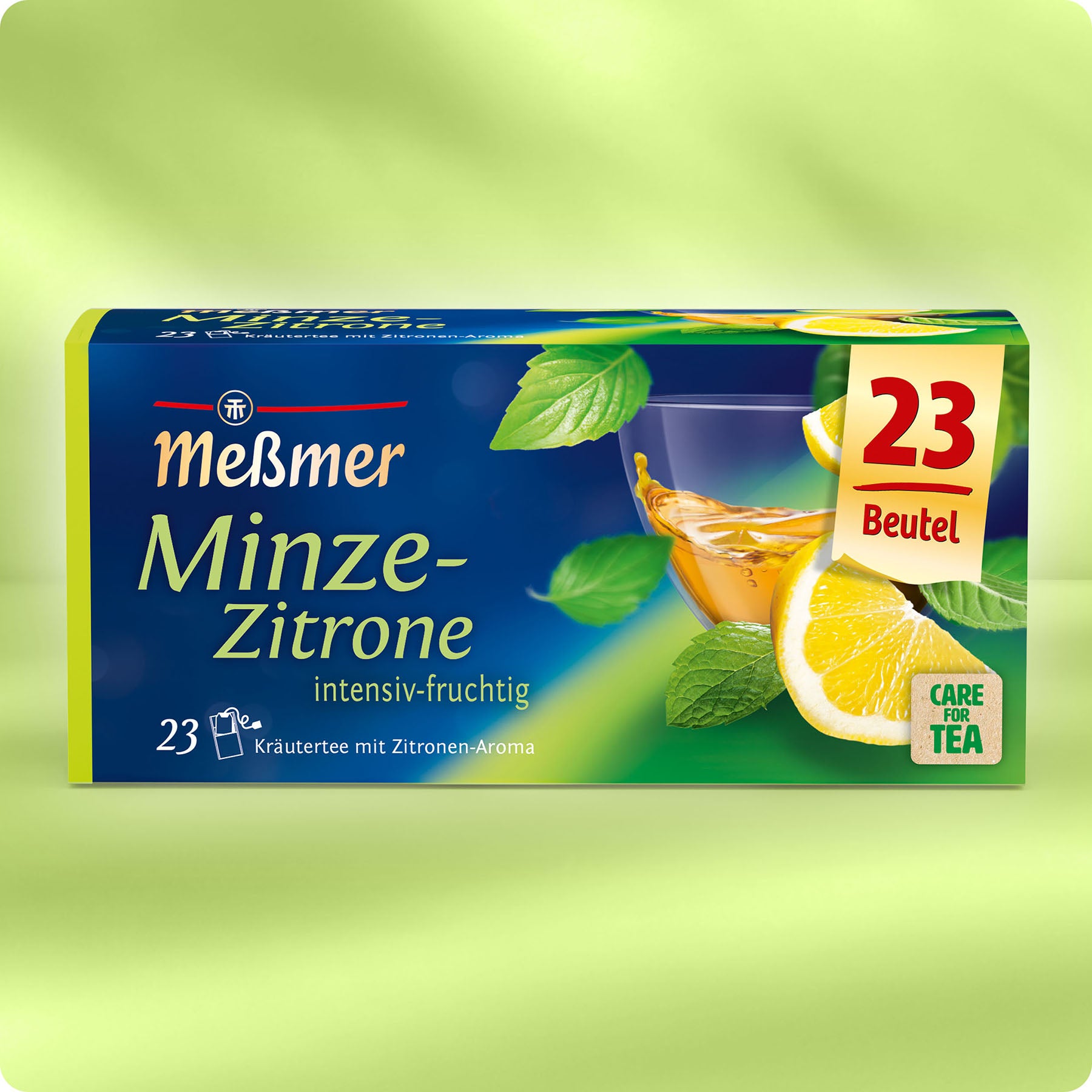 Verpackung des Minze-Zitrone Kräutertees mit Zitronenaroma und frischen Minzblättern, 23 Beutel, intensiver Geschmack, von Meßmer.