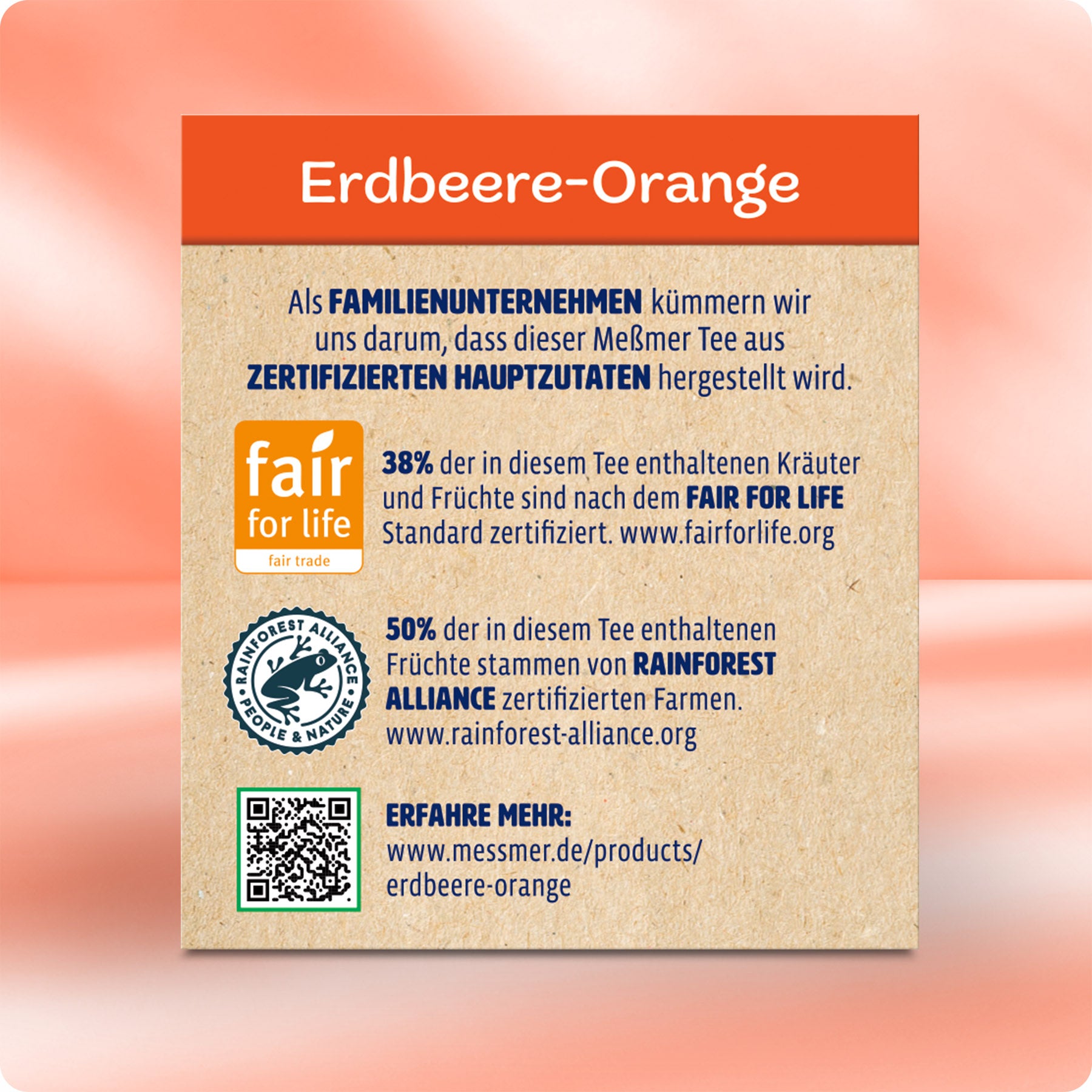 Rückseite der Verpackung von Erdbeere-Orange mit Informationen zu fairen und nachhaltigen Zutaten sowie Zertifizierungen für Teequalität und Herkunft.