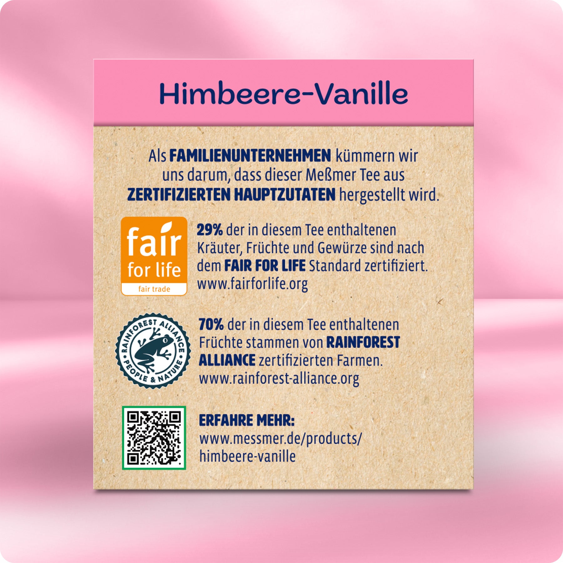 Verpackungsrückseite des Himbeere Vanille Tees mit Informationen zu Fair-Trade- und Rainforest-Alliance-Zertifizierungen sowie QR-Code für weitere Produktdetails.