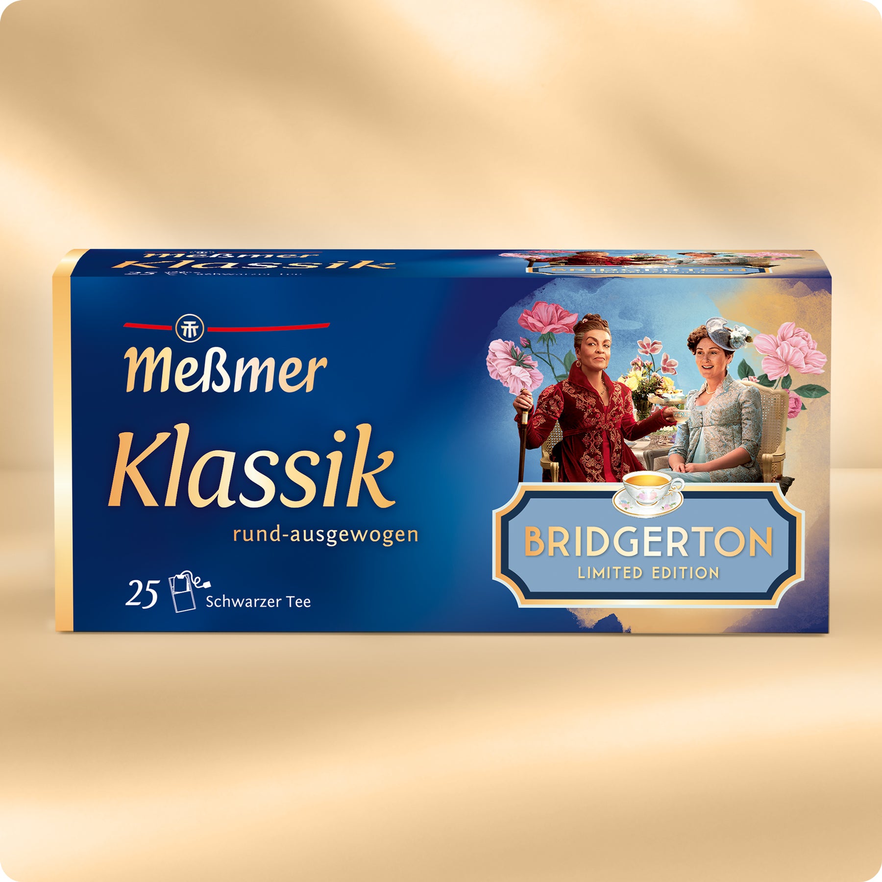 Verpackung von Meßmer Klassik schwarzem Tee in limitierter Bridgerton Edition mit Blumenmotiv und zwei Personen.