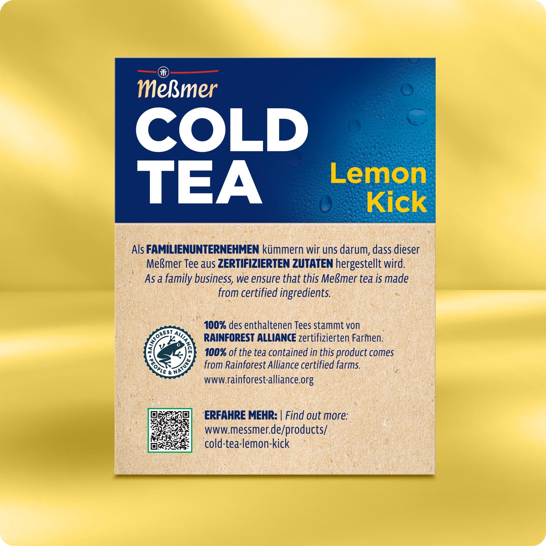 Rückseite der Cold Tea Lemon Kick Verpackung mit Hinweisen auf familiengeführte Herstellung, Verwendung von zertifizierten Zutaten aus Rainforest Alliance-zertifizierten Plantagen und einem QR-Code für weitere Produktinformationen.