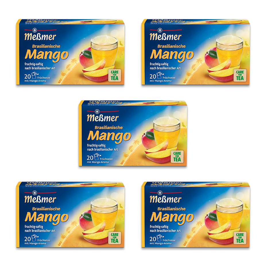 Brasilianische Mango Früchtetee in fünf Packungen mit jeweils 20 Teebeuteln auf weißem Hintergrund