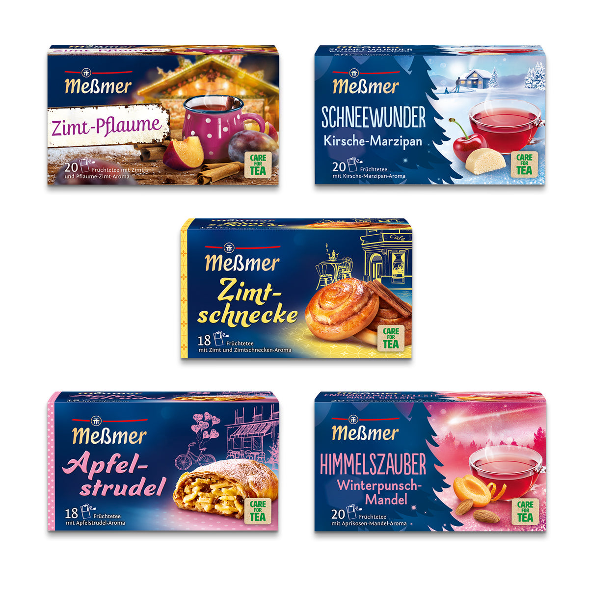 Das Meßmer DE Wintertee Bestseller-Set besteht aus fünf zweireihig angeordneten Boxen mit den Geschmacksrichtungen Zimt-Pflaume, Schneewunder, Zimtschnecke, Apfelstrudel und Himmelszauber in thematischen Designs und Teetassen.