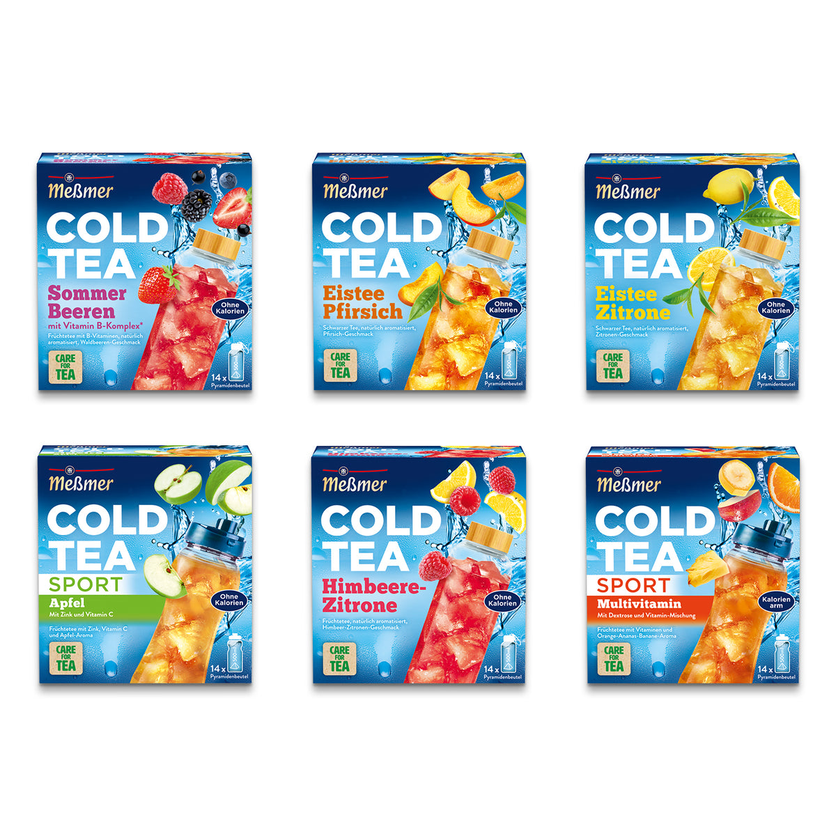 Sechs Schachteln Meßmer Cold Tea in verschiedenen Geschmacksrichtungen, darunter Sommerbeeren, Pfirsich, Zitrone, Apfel, Himbeer-Zitrone und Multivitamin. Jede Schachtel ist blau mit Abbildungen von Eistee und Früchten auf der Vorderseite.