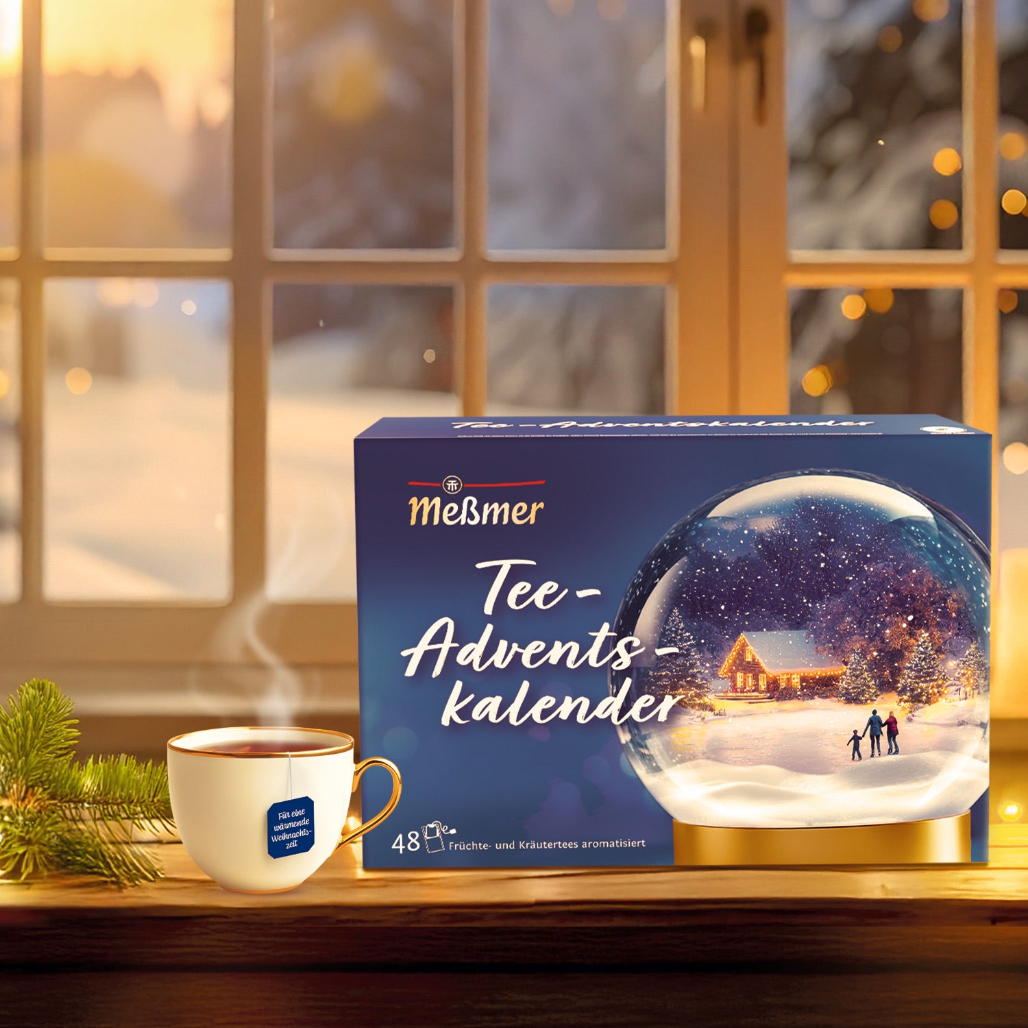Eine Tasse mit dampfendem Tee steht neben einem Tannenzweig vor einem Fenster mit frostiger Winterlandschaft. Daneben steht eine Meßmer Tee-Adventskalender-Box, die eine verschneite Hütte und eine Familie im Schneekugel-Design zeigt.