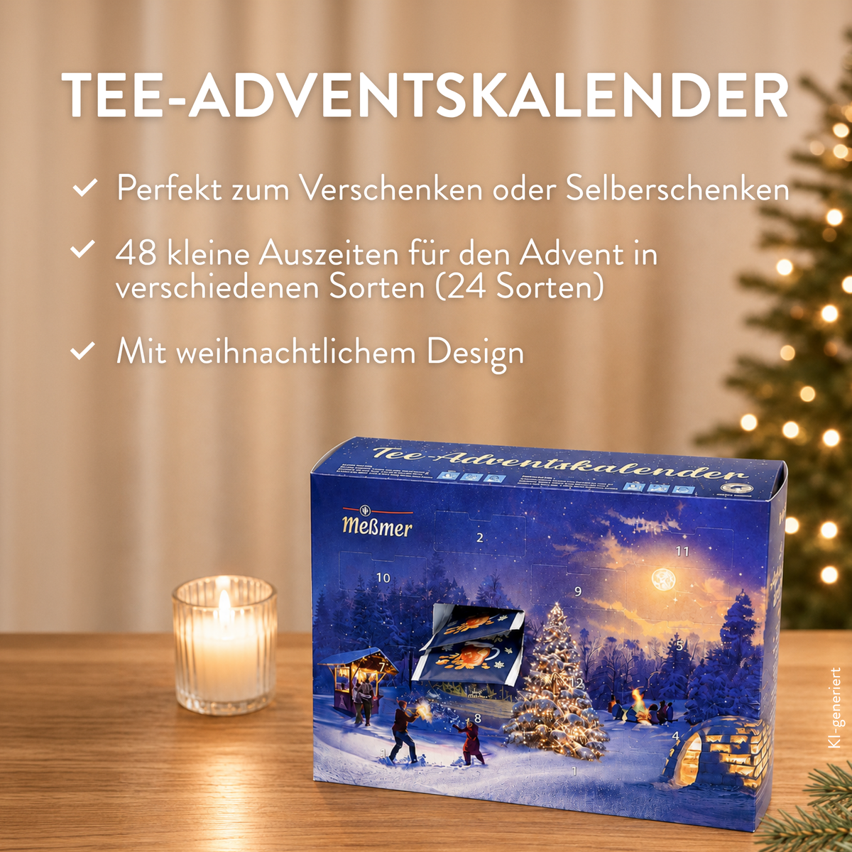 Meßmer Tee-Adventskalender 2026 in weihnachtlichem Design mit 48 Teebeuteln in 24 Sorten, dekoriert mit Kerze und Weihnachtsbaum.
