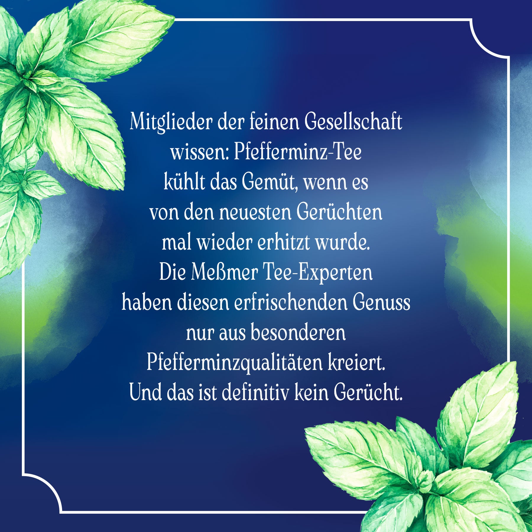 Pfefferminze Produktbild mit frischen grünen Pfefferminzblättern auf blauem Hintergrund und Text über die erfrischende Wirkung von Pfefferminz-Tee.
