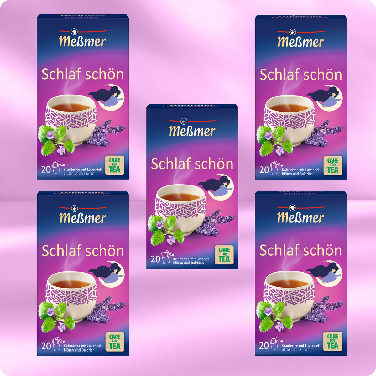 Fünf Packungen Meßmer Schlaf schön Tee mit Tasse, Blüten und schlafender Figur vor rosafarbenem Hintergrund