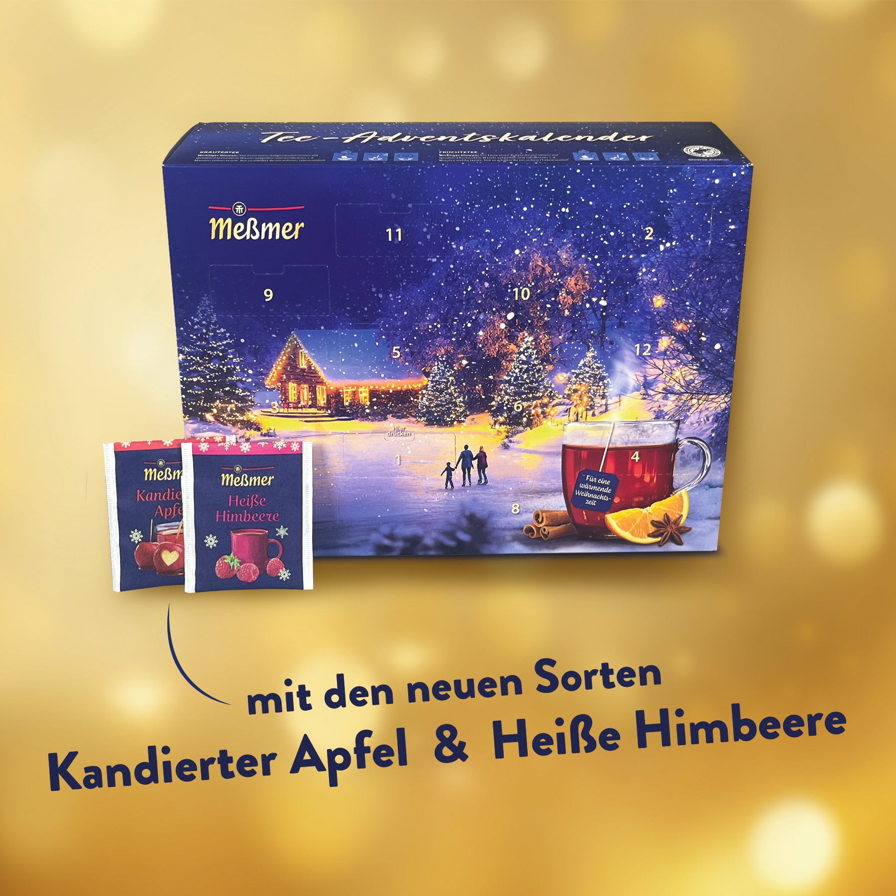 Abgebildet ist ein Meßmer Tee-Adventskalender mit einer verschneiten Winterlandschaft und einer gemütlichen Hütte. In den Bildern sind zwei Teesorten abgebildet: Kandierter Apfel und Heiße Himbeere. Der Text hebt die neuen Geschmacksrichtungen hervor.
