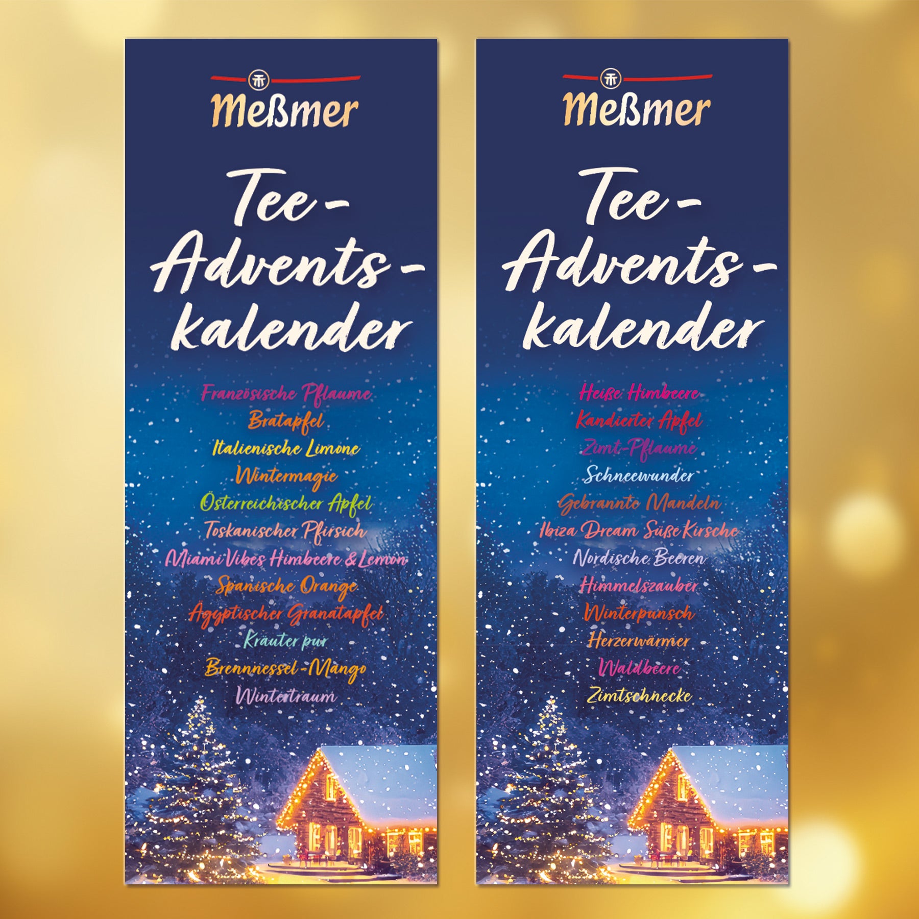 Zwei Meßmer Tee-Adventskalender-Lesezeichen zeigen eine festliche Winterszene mit einer verschneiten Hütte und einem Sternenhimmel. Auf jedem Lesezeichen sind verschiedene Teesorten in buntem Text aufgelistet.