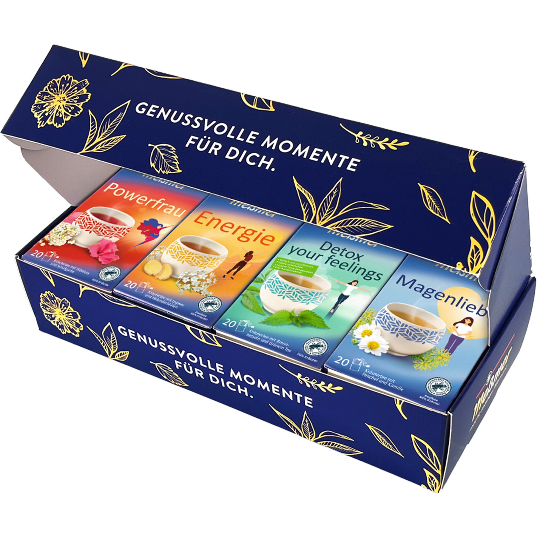 Tee Geschenkbox Wohlfühlmomente mit vier verschiedenen Teesorten in hochwertiger Geschenkverpackung für entspannte und genussvolle Wohlfühlmomente.