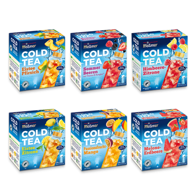 Das Meßmer DE Cold Tea Bestseller Set im Aufsteller enthält sechs Geschmacksrichtungen - Pfirsich, Beere, Himbeere-Zitrone, Zitrone, Passionsfrucht-Mango und Melone-Erdbeere - und eignet sich perfekt zur Selbstbedienung und zur Erweiterung Ihres Getränkeangebots.