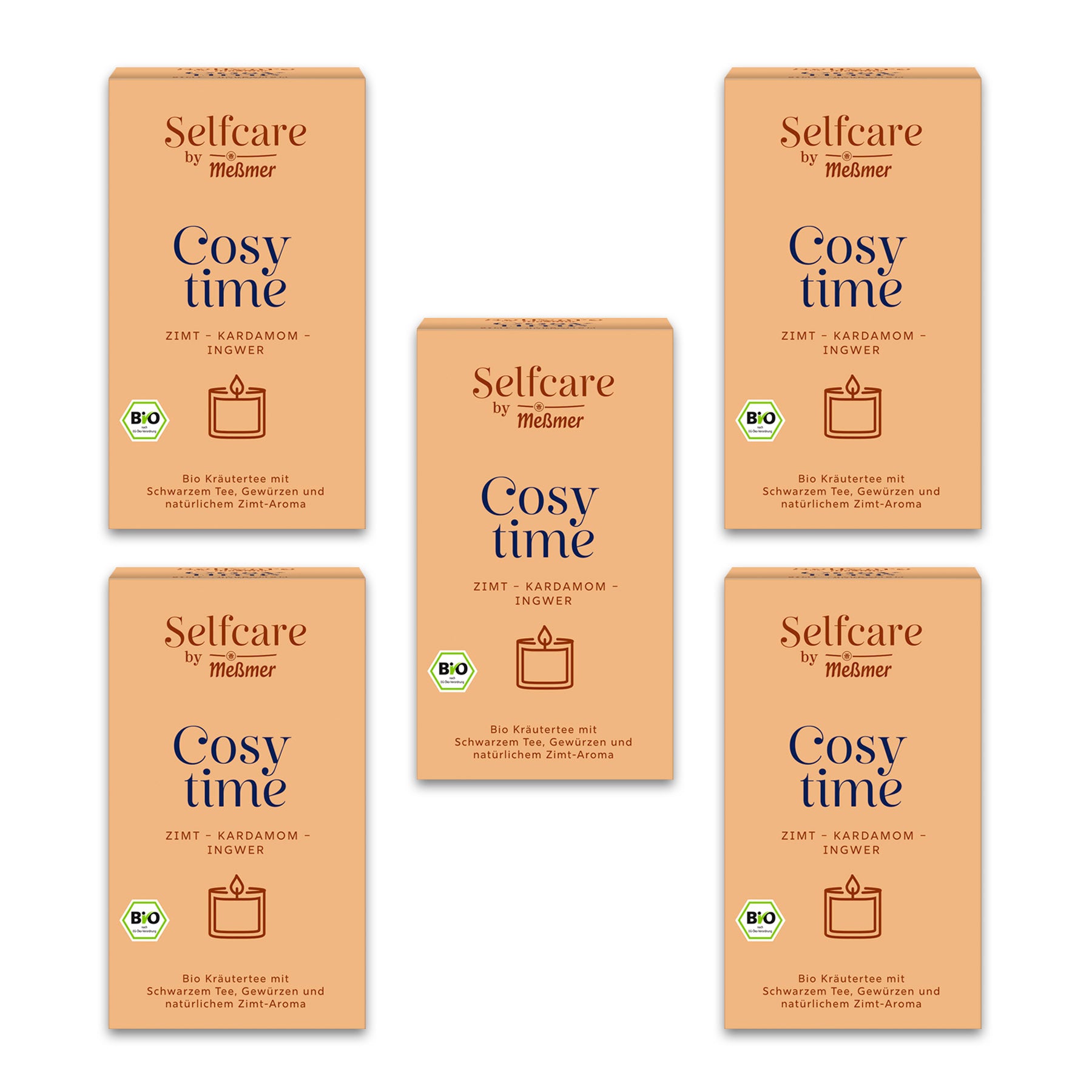 Fünf Packungen Bio Cosy time mit Zimt, Kardamom und Ingwer, Bio-Kräutertee mit schwarzem Tee und natürlichem Zimt-Aroma in beige-orangefarbener Verpackung.