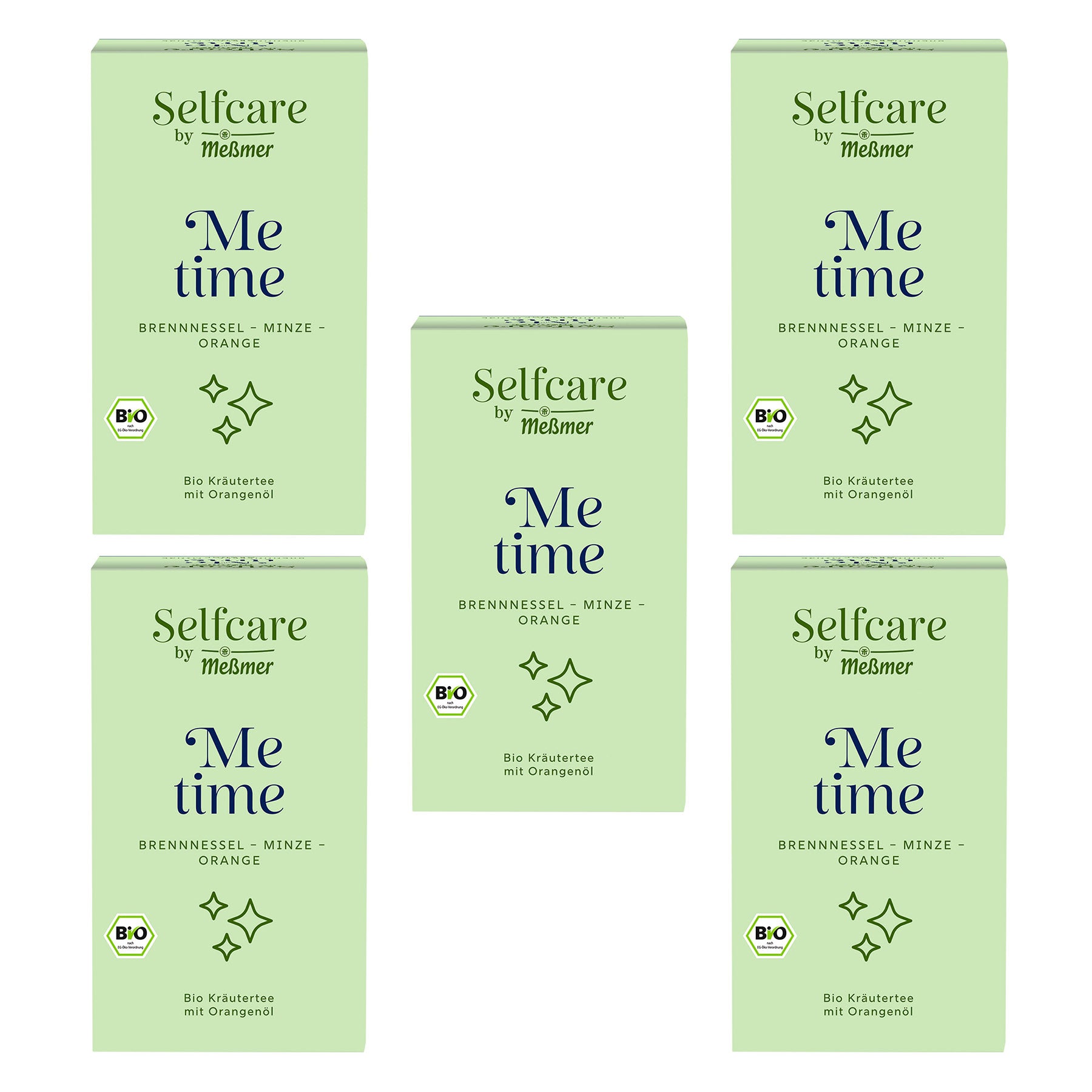 Fünf Packungen Bio Me time Kräutertee mit Brennnessel, Minze und Orangenöl, grüne Verpackung mit Bio-Siegel, aromatischer Tee für Entspannungsmomente.