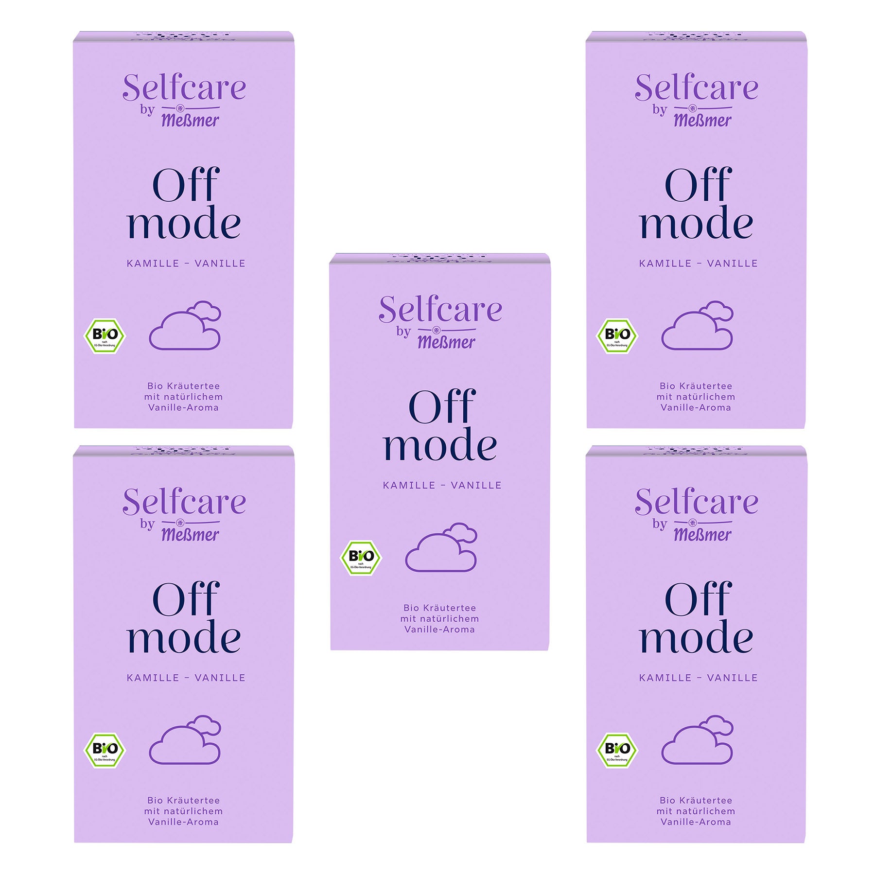 Bio Off mode Packungen mit Bio-Siegel, Kamille und Vanille, aromatischer Kräutertee in lila Verpackung, natürliche Inhaltsstoffe für entspannende Teemomente.