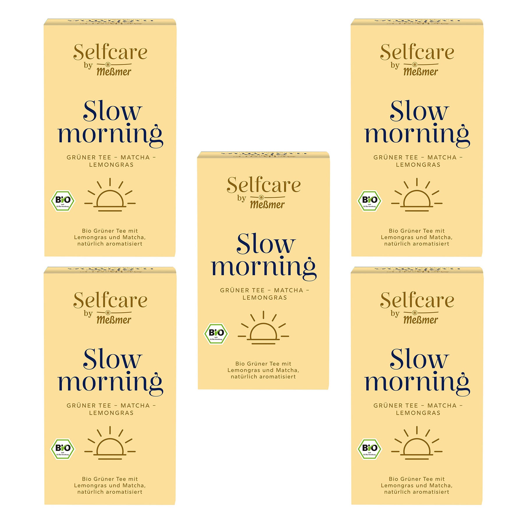 Verpackungen von Bio Slow morning mit Bio-Siegel, Sonnenmotiv und Hinweis auf grünen Tee mit Matcha und Lemongras in natürlicher Aromatisierung.