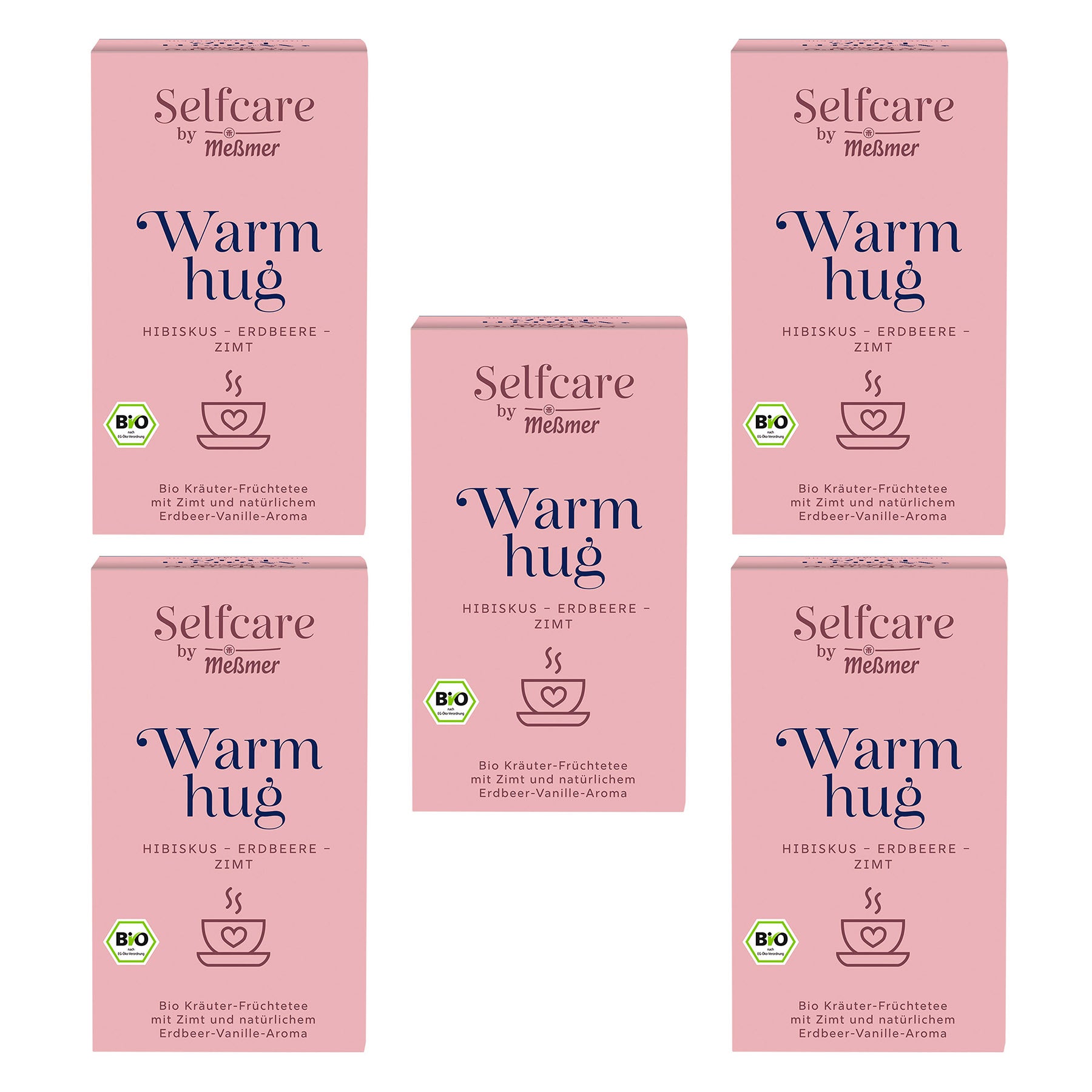 Verpackungen von Bio Warm hug mit Bio-Siegel, Hibiskus, Erdbeere und Zimt, abgebildet vor weißem Hintergrund mit Hinweis auf natürlichen Früchte- und Vanilleduft.