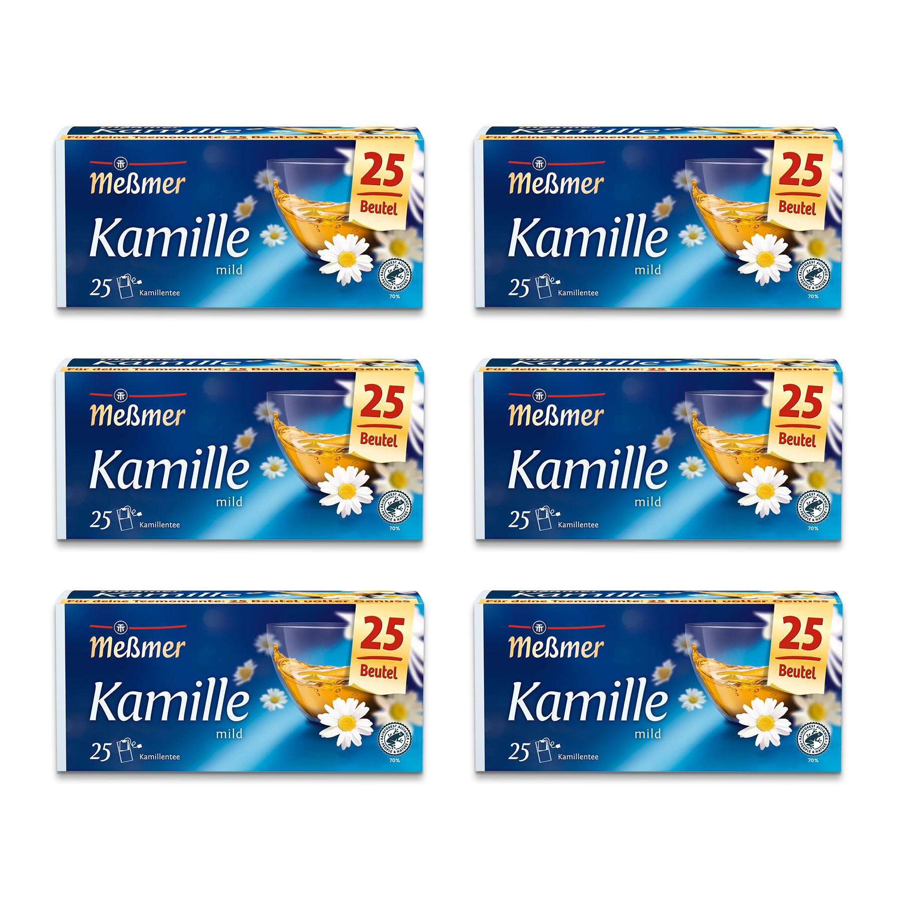 Sechs Schachteln Meßmer Kamille-Tee mit je 25 Beuteln. Die blaue Verpackung zeigt eine Glastasse mit Tee, Kamillenblüten und einen Text, der den Geschmack und die Menge hervorhebt.