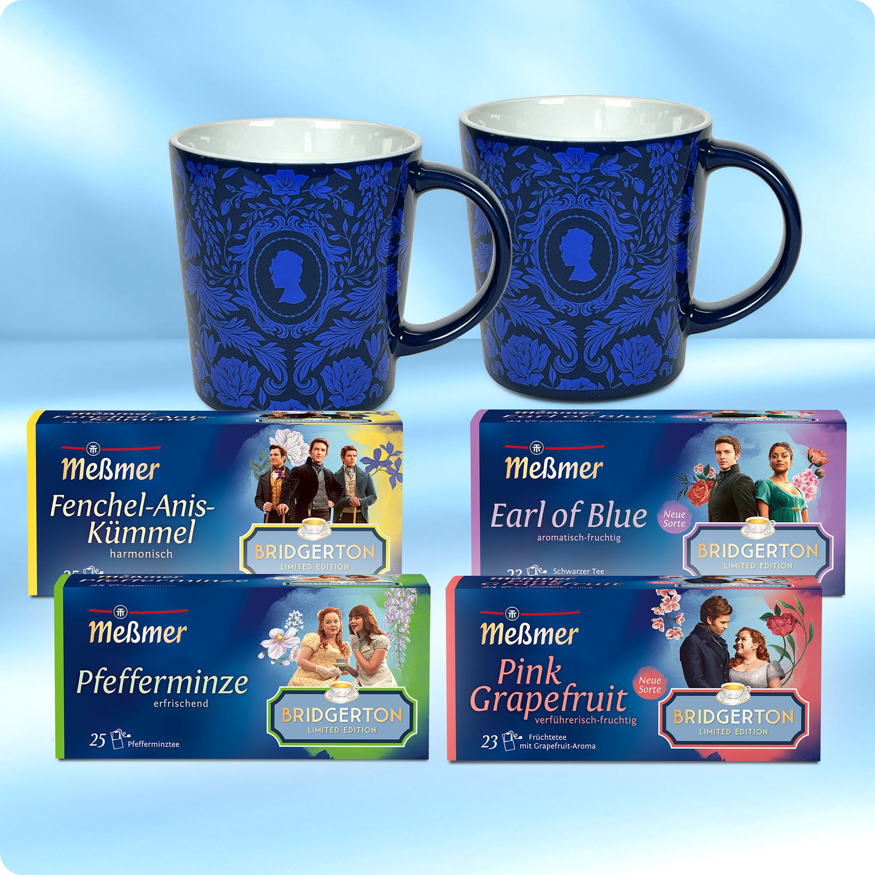 Meßmer x Bridgerton Watch Set mit zwei blauen Tassen und vier verschiedenen Teesorten, inspiriert von der Bridgerton Serie, ideal für Teegenießer und Fans eleganter Designs.