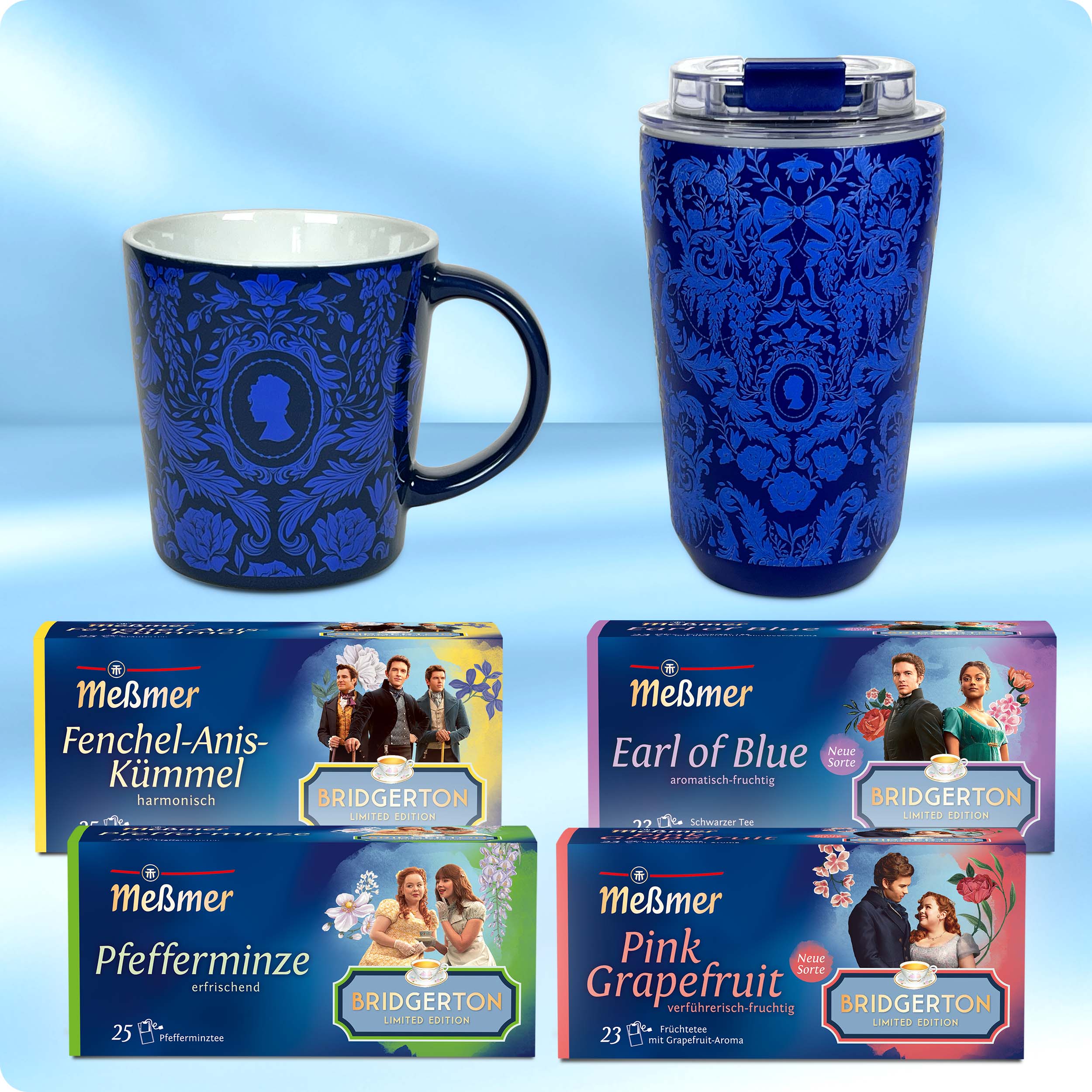Meßmer x Bridgerton Everyday Set mit blauen Tassen und verschiedenen Teesorten wie Fenchel-Anis-Kümmel, Earl of Blue, Pfefferminze und Pink Grapefruit.
