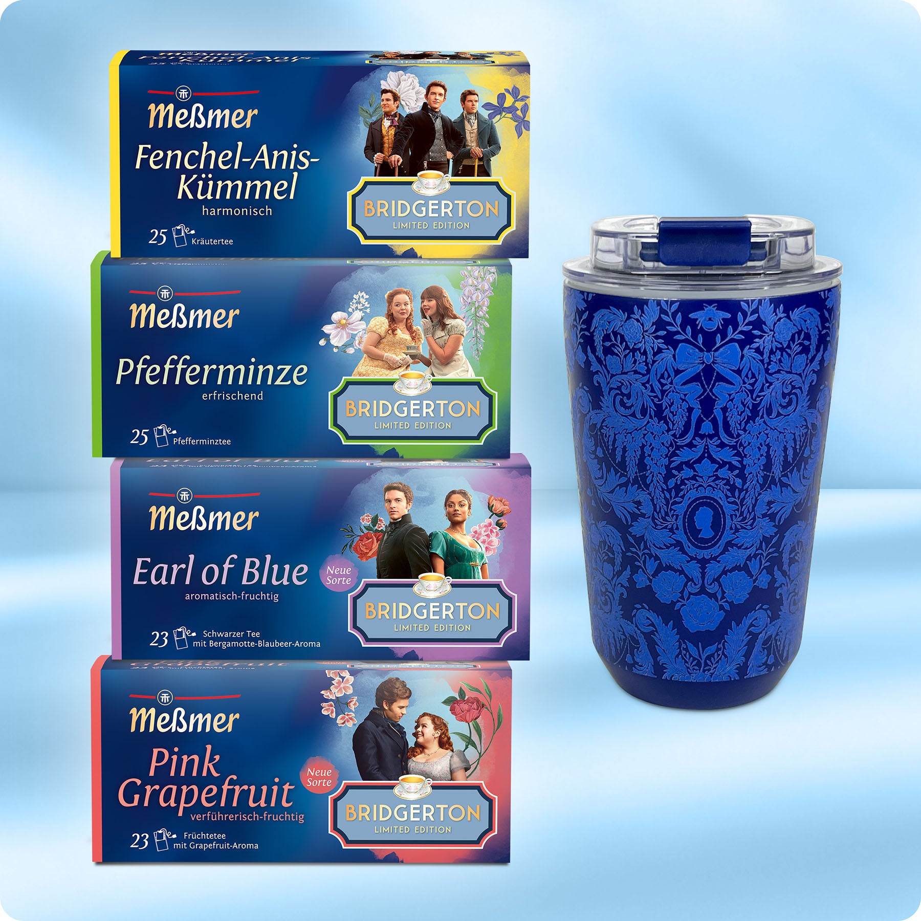 Meßmer x Bridgerton to-go Set mit vier Teesorten und praktischem Thermobecher in blauem Design für Genuss unterwegs und Fans der Serie Bridgerton.