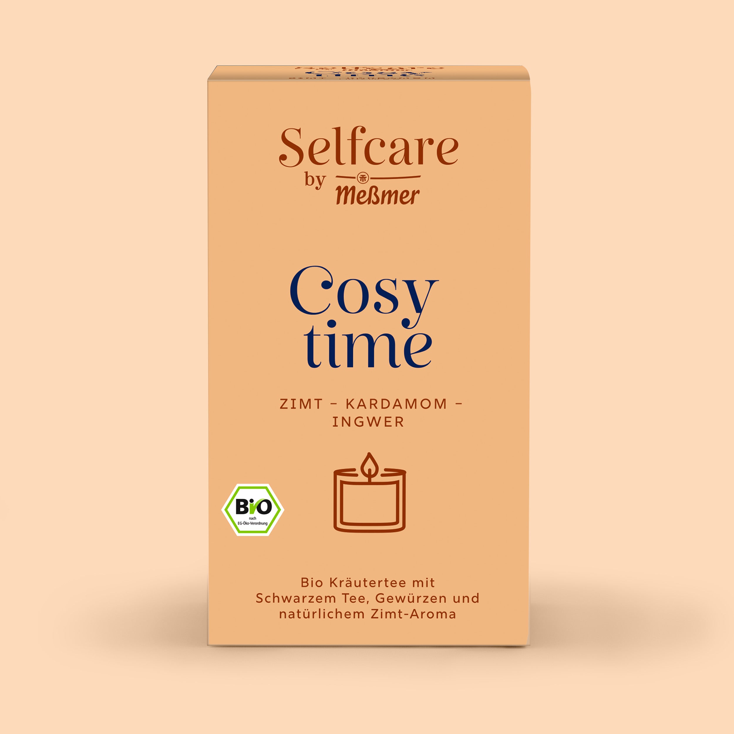 Selfcare Collection Bio Kräutertee mit Zimt, Kardamom und Ingwer, schwarzer Tee mit natürlichem Aroma, beige Verpackung mit Bio-Siegel, warmwürziger Entspannungstee.