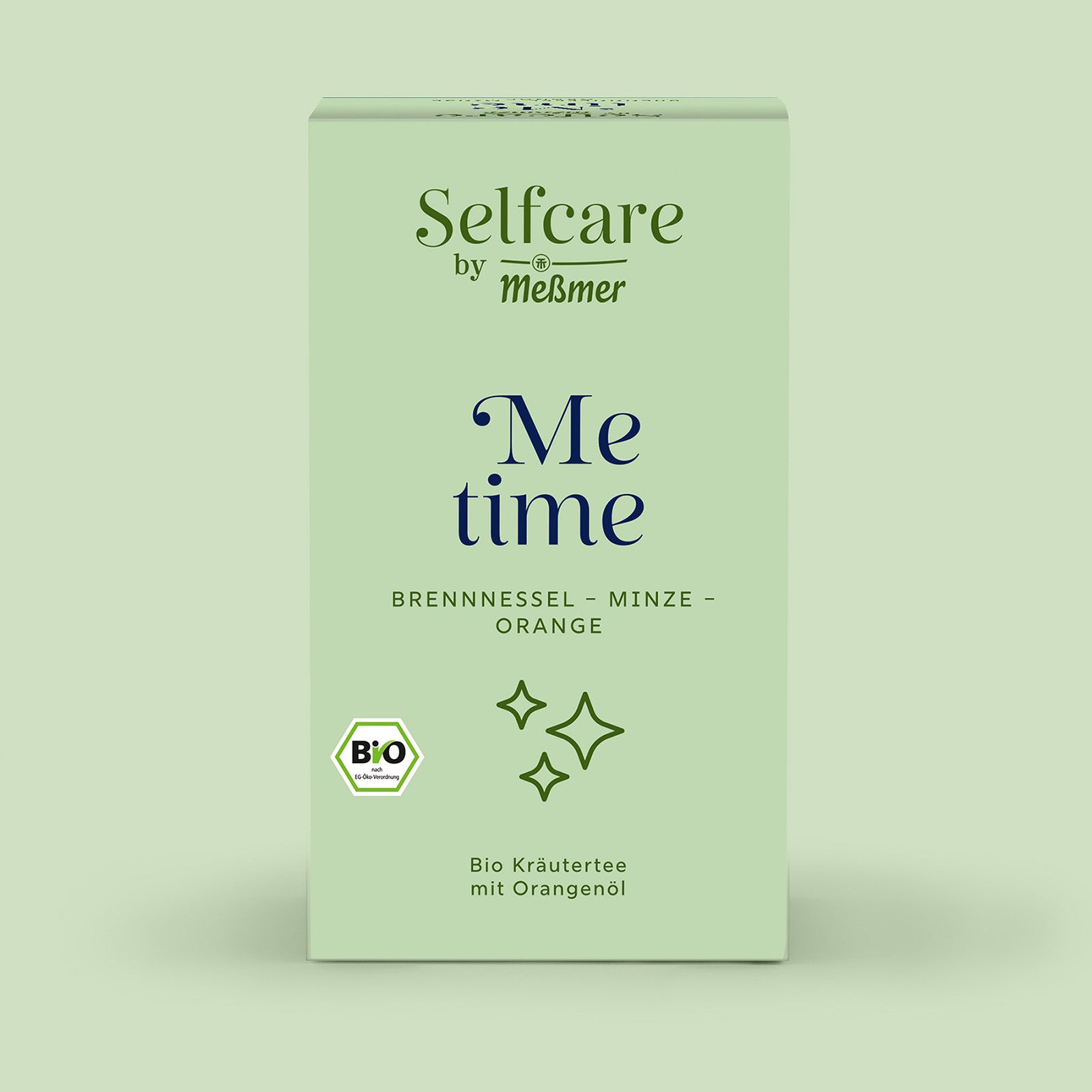 Selfcare Collection Bio-Kräutertee mit Brennnessel, Minze und Orange, frisches Design in zartgrüner Verpackung für entspannte Momente mit natürlichem Orangenöl-Aroma.