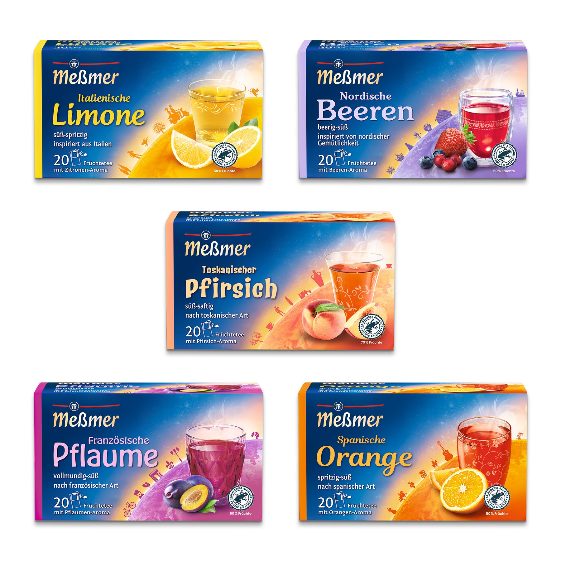 Fünf farbenfrohe Meßmer DE Teedosen aus dem Ländertee-Bestseller-Set werden mit jeweils einer Frucht präsentiert: Zitrone, Beeren, Pfirsich, Pflaume und Orange - jede Box mit buntem Hintergrund und passenden Fruchtillustrationen.