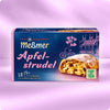 Apfelstrudel Verpackung mit Hinweis auf Früchtetee, Apfelstrudel-Aroma und nachhaltige Herstellung, abgebildet mit Apfelstrudel vor pastellfarbenem Hintergrund.