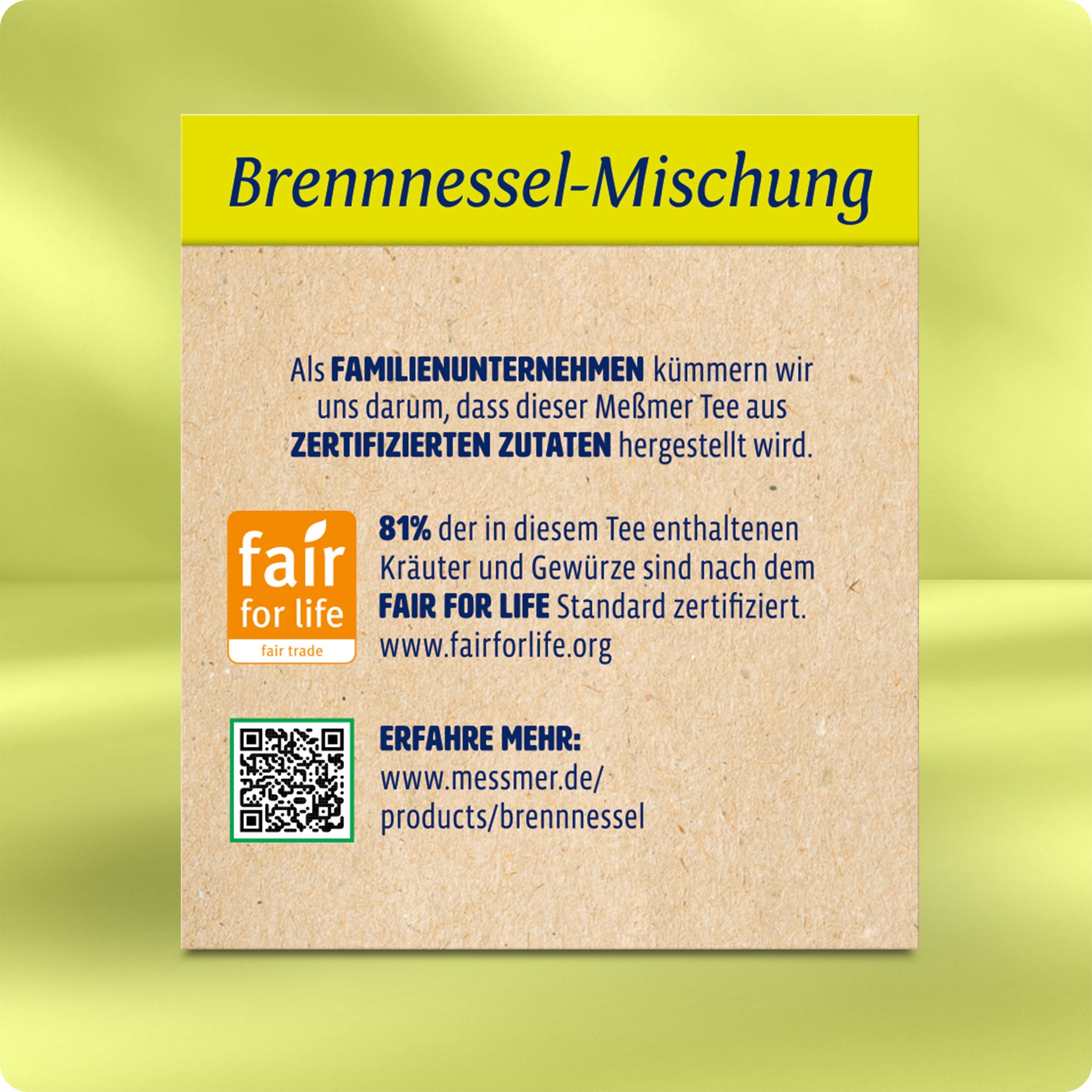 Verpackungsrückseite der Brennnessel-Mischung mit Informationen zu zertifizierten Zutaten und Fair-Trade-Standard im dezenten, naturnahen Design.
