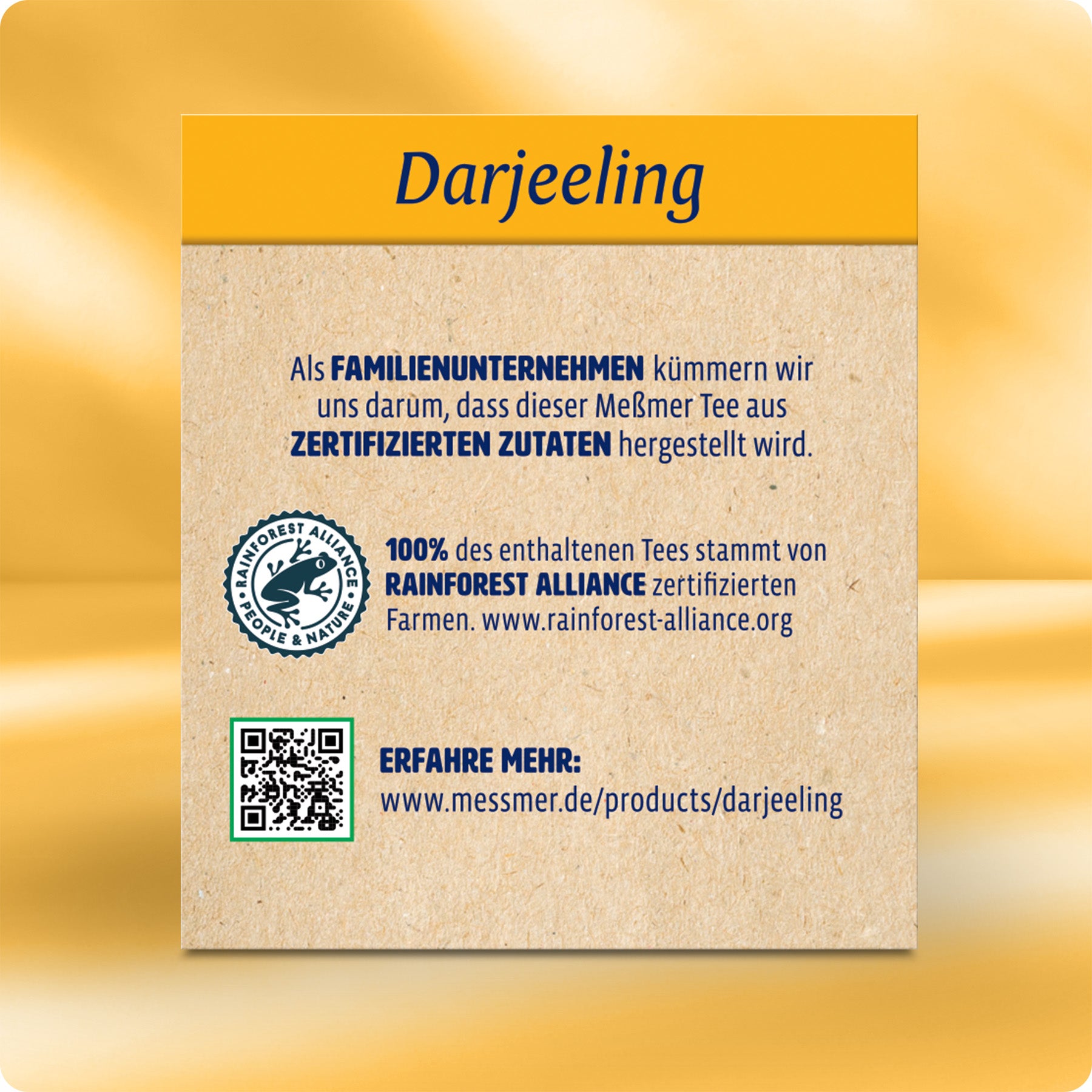 Darjeeling Verpackung mit Informationen zu zertifizierten Zutaten und Rainforest Alliance Siegel, betont nachhaltige Herkunft und Qualität des Tees aus Darjeeling.