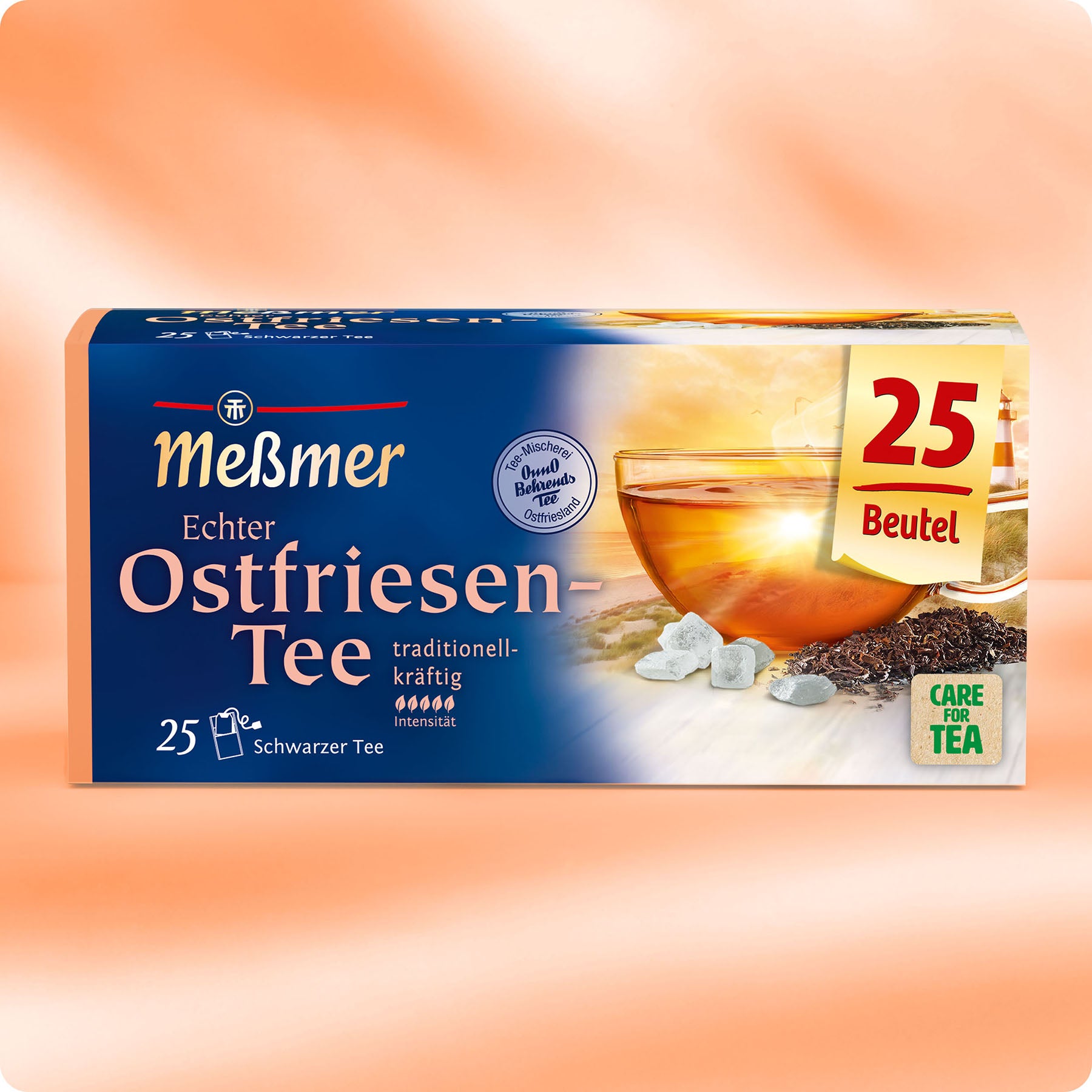 Verpackung von Ostfriesen-Tee mit 25 Beuteln, kräftiger schwarzer Tee aus Assam, traditionell und intensiv im Geschmack, passend für Ostfriesland-Liebhaber.