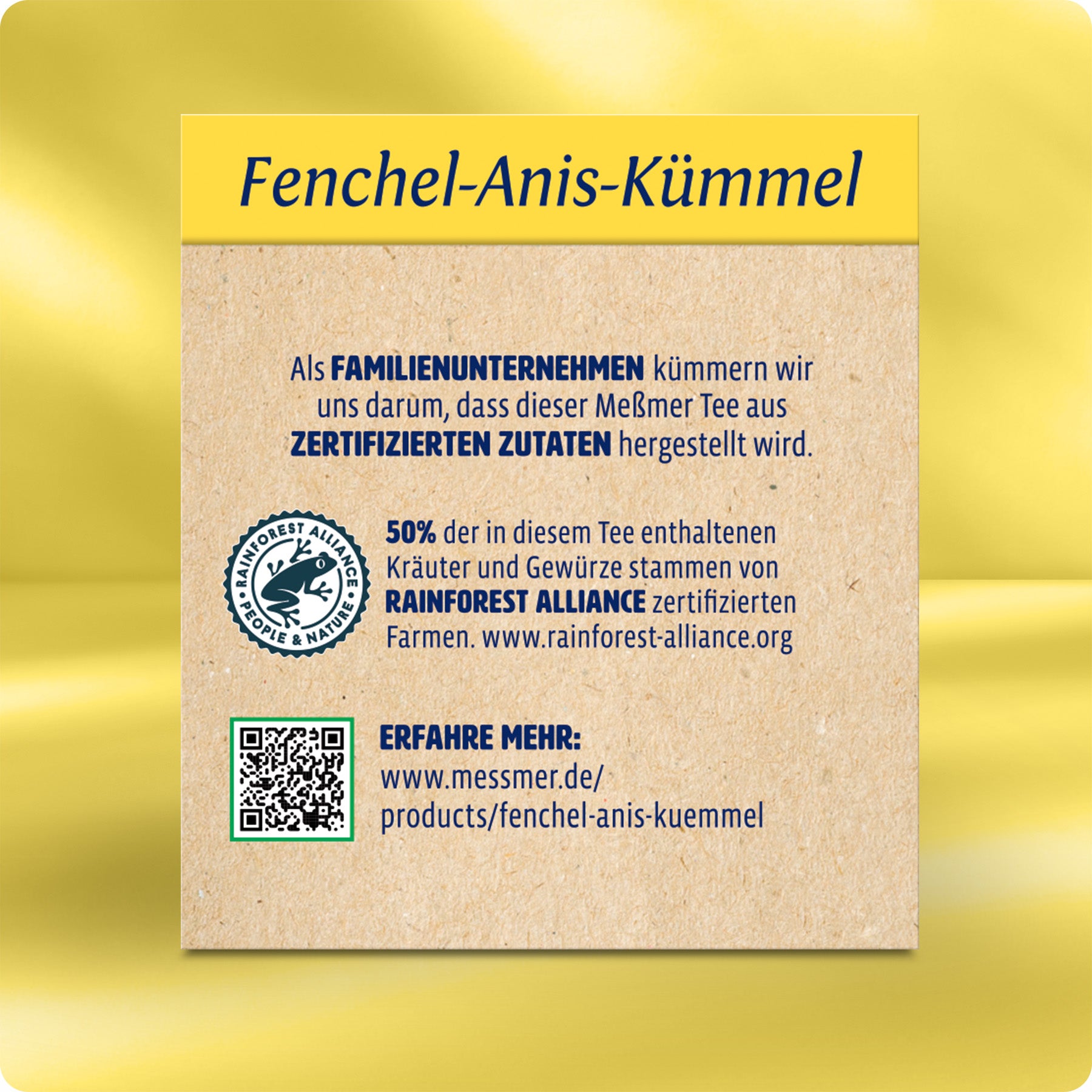 Verpackung mit Informationen zu Fenchel-Anis-Kümmel, betont zertifizierte Zutaten und Nachhaltigkeit mit Rainforest Alliance Siegel für hochwertigen Kräutertee.