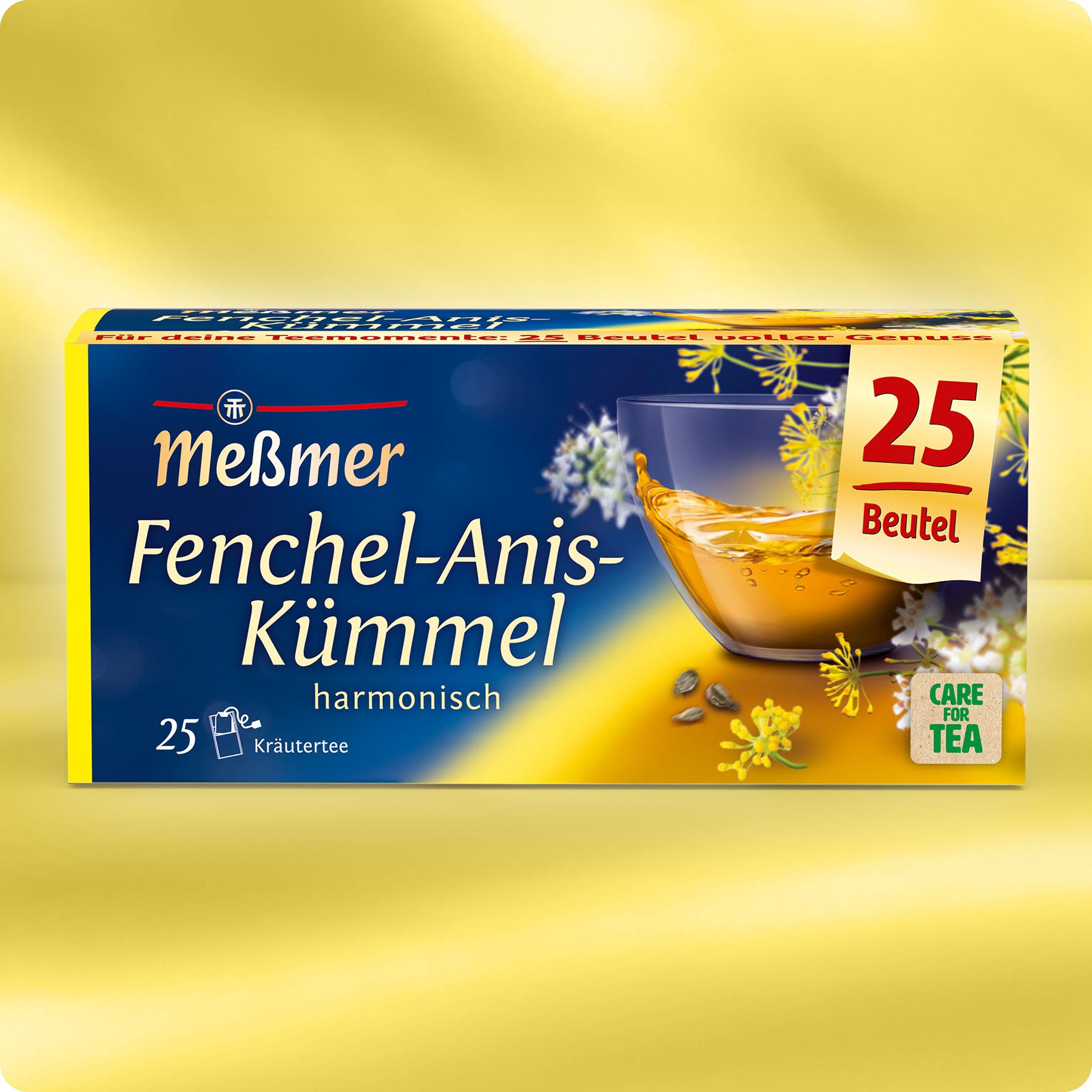 Fenchel-Anis-Kümmel Kräutertee von Meßmer mit 25 Beuteln, zeigt eine Tasse aromatischen Tees und die typischen Kräuter Fenchel, Anis und Kümmel harmonisch kombiniert.