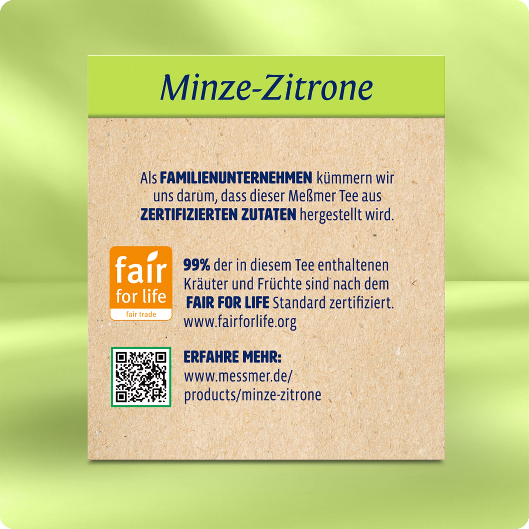 Verpackung des Minze-Zitrone Tees mit Informationen zu fairen Zutaten und Familienunternehmen, inklusive Fair-for-Life-Zertifizierung und QR-Code für mehr Details.