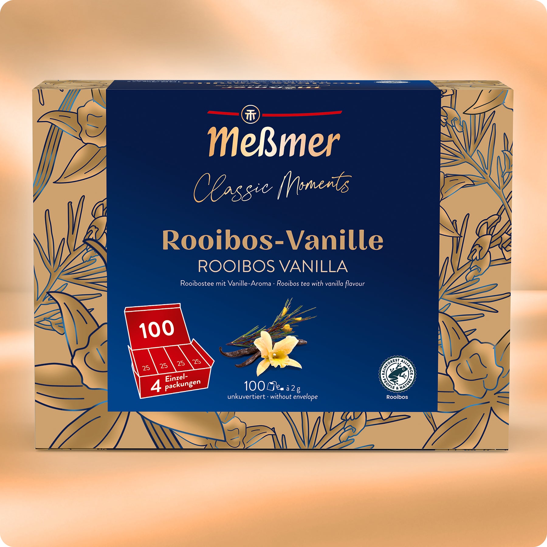 Eine Schachtel Meßmer DE Rooibos-Vanille Maxipack mit 100 Beuteln. Die Verpackung präsentiert diese südafrikanische Teespezialität mit Vanilleblüten, Rooibos-Motiven und Text in Deutsch und Englisch.