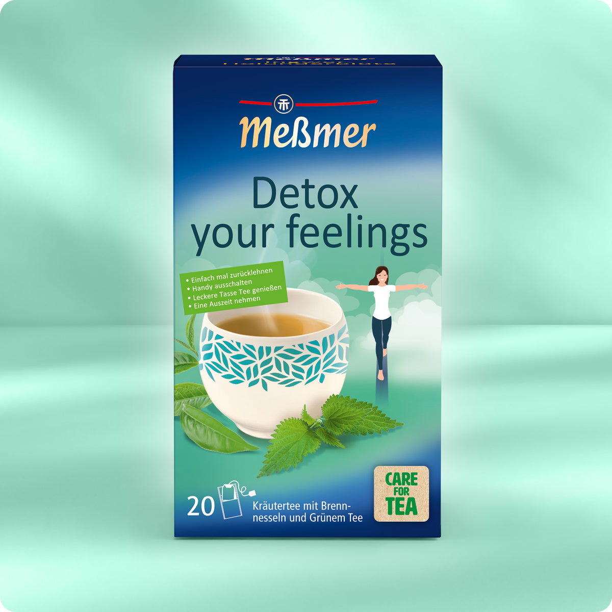 Meßmer Packung Detox your feelings mit 20 Teebeuteln, Brennnessel und Grünem Tee vor mintgrünem Hintergrund