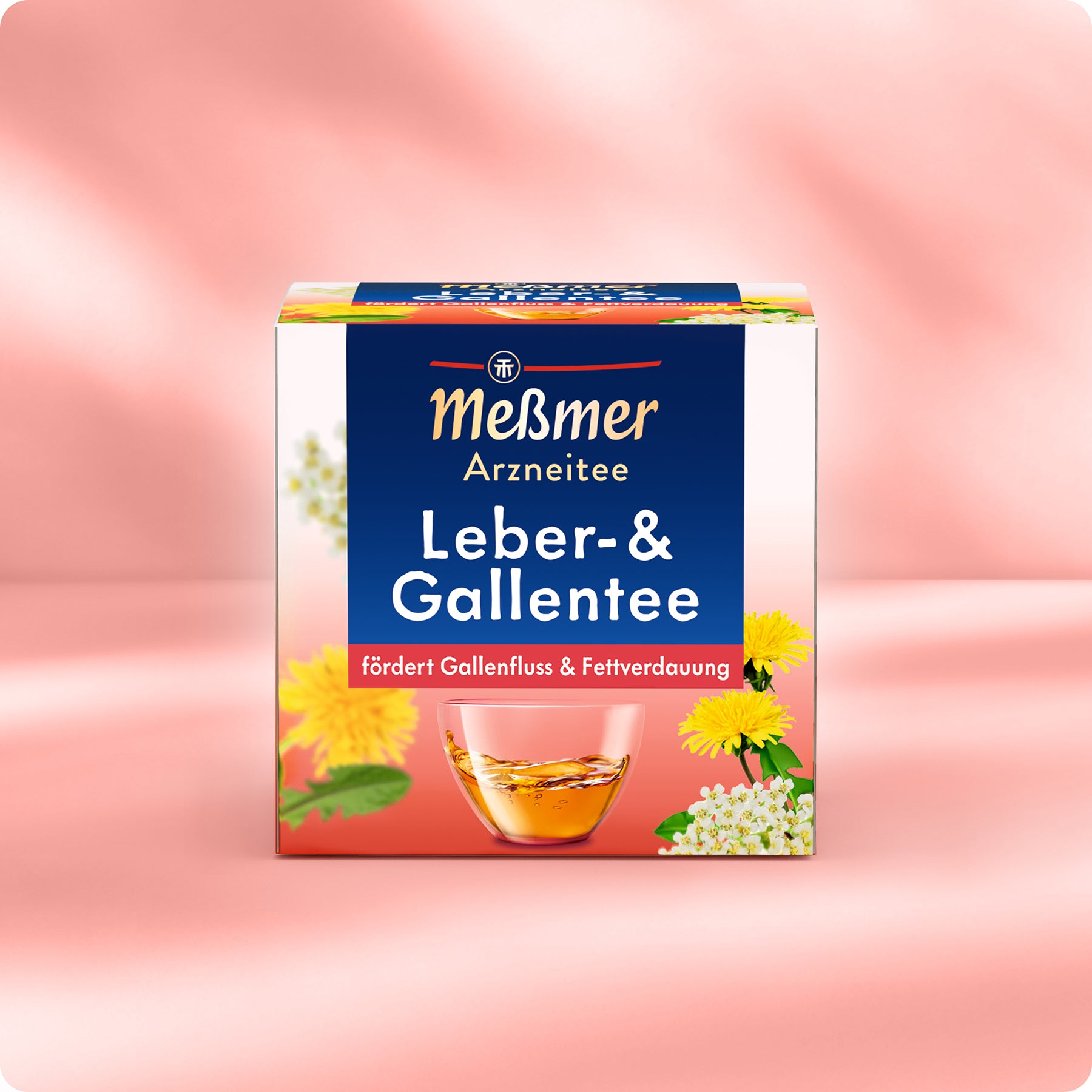 Eine Schachtel Meßmer DE Leber- & Gallentee, ein pflanzliches Mittel gegen Verdauungsbeschwerden, ist auf einem rosa Hintergrund abgebildet. Die Verpackung hebt die Unterstützung von Leber und Gallenblase mit Bildern von Tee, Löwenzahnblüten und Kräutern hervor.